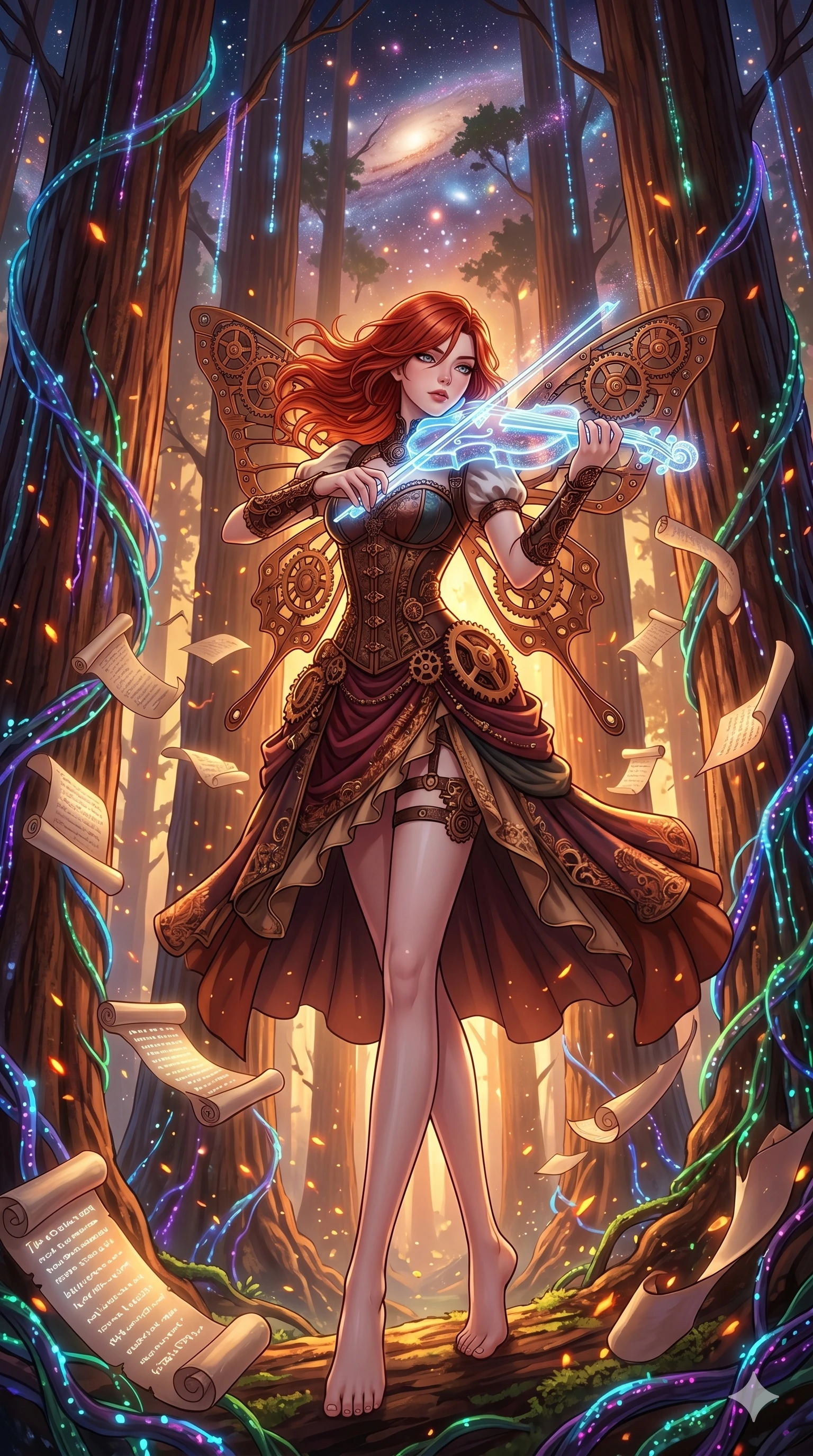 score_9, masterpiece, best quality, ultra-detailed, Set A: High-budget Anime Keyframe, Korean woman. Low angle cowboy shot filling the entire 9:16 frame with her statuesque presence. Theme: Abstract Cosmic. playing a holographic violin in a giant redwood forest with glowing vines, surrounded by a whirlwind of 153 floating ancient scrolls. The atmosphere is filled with golden hour with floating embers. She has an absolutely perfect 8-heads proportion, an exceptionally tall and slender female figure with impossibly long slender legs and an ultra-slim waist. Sharp v-shaped jawline, high-bridge nose, intricate jewel-like eyes with depth, glossy lips. Wearing Steam-punk corset gown with copper gear ornaments and mechanical butterfly wings. Cinematic lighting, vivid colors, dramatic shadows, 2k, ultra detail, master piece, 9:16 ratio