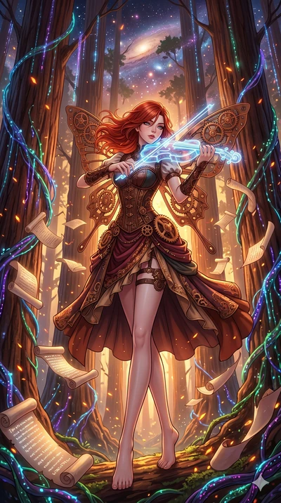 score_9, masterpiece, best quality, ultra-detailed, Set A: High-budget Anime Keyframe, Korean woman. Low angle cowboy shot filling the entire 9:16 frame with her statuesque presence. Theme: Abstract Cosmic. playing a holographic violin in a giant red