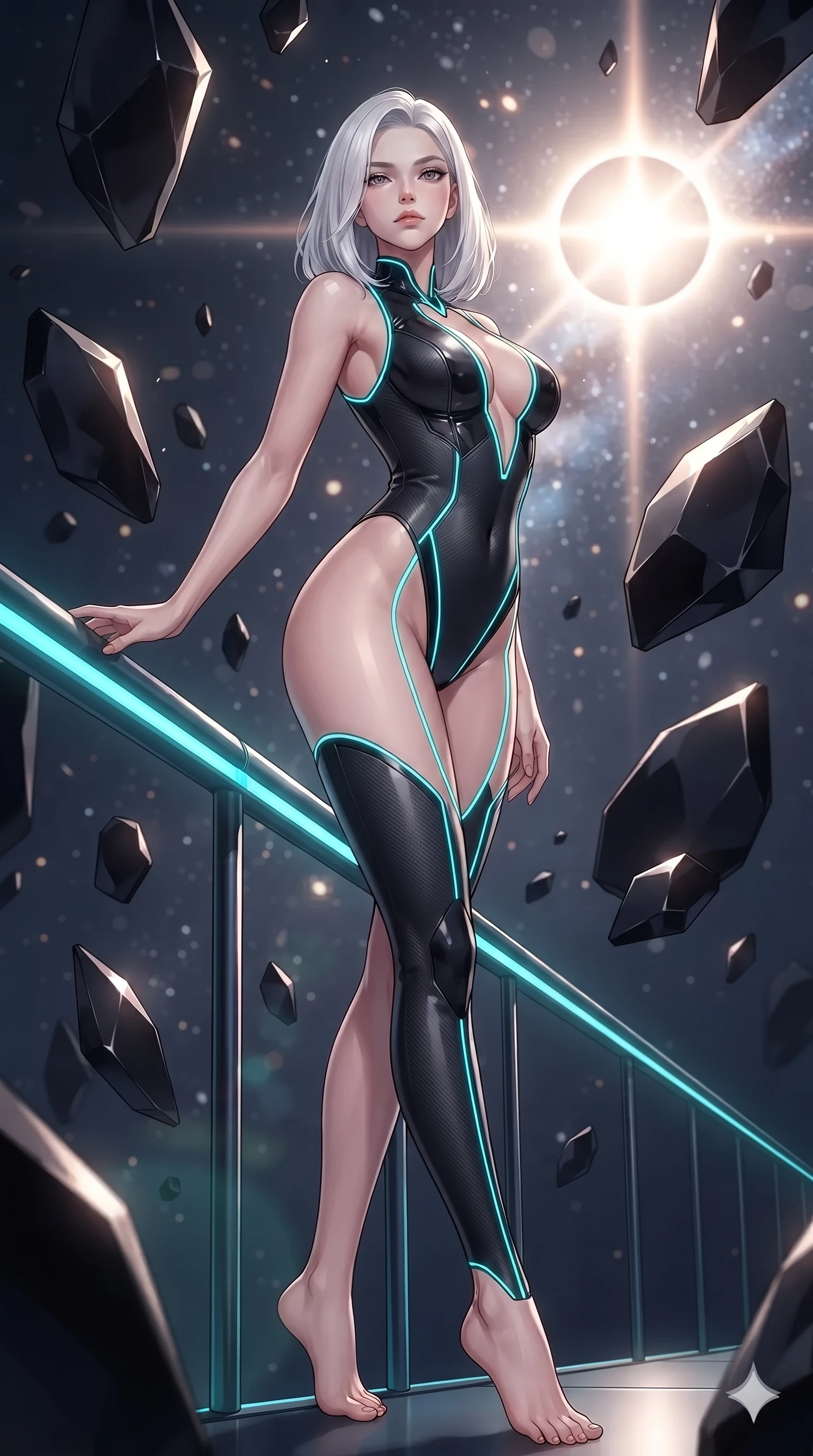 score_9, masterpiece, best quality, ultra-detailed, high-budget anime keyframe, editorial fashion photography, tasteful artistic composition, Korean woman. low angle full-body shot from head to toe showing her feet, filling the entire 9:16 vertical frame with her statuesque presence, stretching her vertical silhouette. standing in a tall, confident posture with one hand on a glowing metal railing, stretching her statuesque body as she arches her lower back to emphasize her sculpted feminine hips and slender waist while twisting her slender torso in an alluring S-curve between floating stone fragments, diamond eclipse corona light tracing her flat midriff and hourglass curves. The background shows a soft-focus hundreds of hovering obsidian polygon shards, radiant solar corona diamond-ring flare, and dark dunes blurred into platinum, diamond, and charcoal bokeh. She has an absolutely perfect, statuesque 8.5-heads proportion, an exceptionally tall and slender model-like female figure with impossibly long slender legs, an ultra-slim waist, a flat toned midriff, narrow delicate ribcage, and beautifully sculpted feminine hips creating a graceful, slim hourglass silhouette without any bulky heaviness. sharp v-shaped jawline, high-bridge nose, intricate jewel-like sparkling eyes with depth, thick eyelashes, glossy parted lips with a natural sheen, bright confident smile with an enchanting and coquettish sensual glint, exuding both youthful magnetic charm and sovereign high-tech allure, flawlessly proportioned anatomical accuracy, strict slender model proportions, natural body alignment, perfectly sculpted long slender limbs, ultra-slim waistline, clean dynamic posture without body distortion. wearing a glossy vinyl and carbon-fiber hybrid bodysuit with a plunging neckline and high-cut leg openings in matte obsidian black and glowing neon cyan trim, crafted from stretch micro-mesh with liquid foil coating that shimmers with every movement, finished with high-tension magnetic quick-release clasps glinting along her collarbones, the form-contouring cut accentuating her sculpted flat midriff, narrow delicate ribcage, and gracefully curvy hips with cybernetic supermodel precision. bathed in the dramatic high-contrast diamond corona brilliance of the twin solar eclipse casting sharp dramatic shadows. ultra-reflective glossy finish, specular highlights, rich textural contrasts, high-contrast stereoscopic depth, volumetric dynamic lighting, 2k, ultra detail, master piece, 9:16 ratio