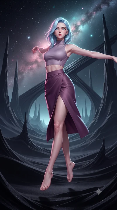 score_9, masterpiece, best quality, ultra-detailed, high-budget anime keyframe, editorial fashion photography, tasteful artistic composition, Korean woman. low angle full-body shot from head to toe showing her feet, filling the entire 9:16 vertical f