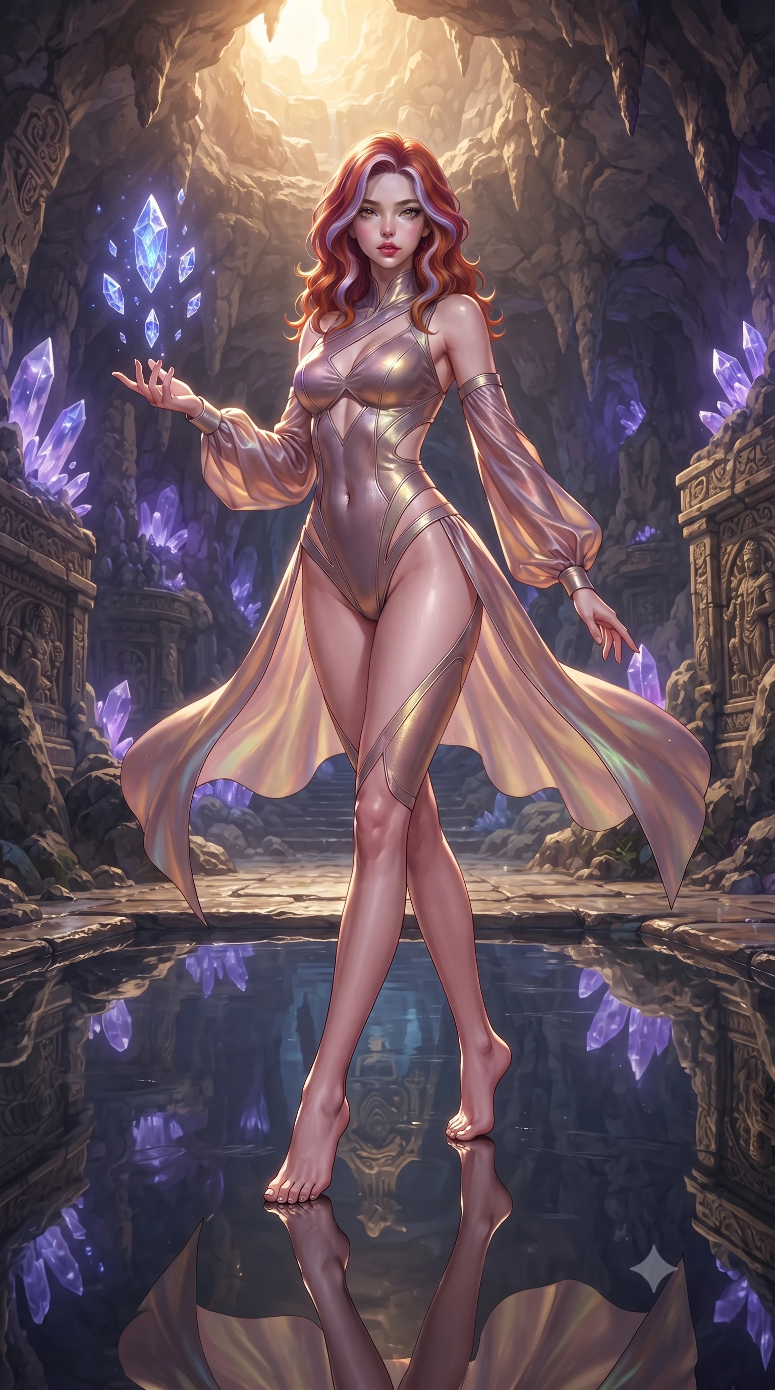 score_9, masterpiece, best quality, ultra-detailed, high-budget anime keyframe, editorial fashion photography, tasteful artistic composition, Caucasian woman. low angle full-body shot from head to toe showing her feet, filling the entire 9:16 vertical frame with her statuesque presence, stretching her vertical silhouette. forging dynamically through the scene, her vertical silhouette beautifully stretched guiding floating sapphire light crystals inside a deep mineral sanctuary, still mirror-like water below reflecting her statuesque figure flawlessly. She has an absolutely perfect, statuesque 8.5-heads proportion, an exceptionally tall and slender model-like female figure with impossibly long slender legs and an ultra-slim waist. sharp v-shaped jawline, high-bridge nose, intricate jewel-like eyes with depth, thick eyelashes, glossy lips with a natural sheen. wearing an asymmetrical high-cut tech-bodysuit with detached sleeves in dusty rose and champagne gold, crafted from iridescent chiffon that shifts colors in the light, featuring subtle geometric cutouts that highlight her ultra-slim midriff, the elegant draped fit framing her graceful clavicle and slender torso. lit by warm golden sunlight colliding with cool violet crystal illumination. ultra-reflective glossy finish, specular highlights, metallic sheen, high-contrast stereoscopic depth, volumetric dynamic lighting, 2k, ultra detail, master piece, 9:16 ratio