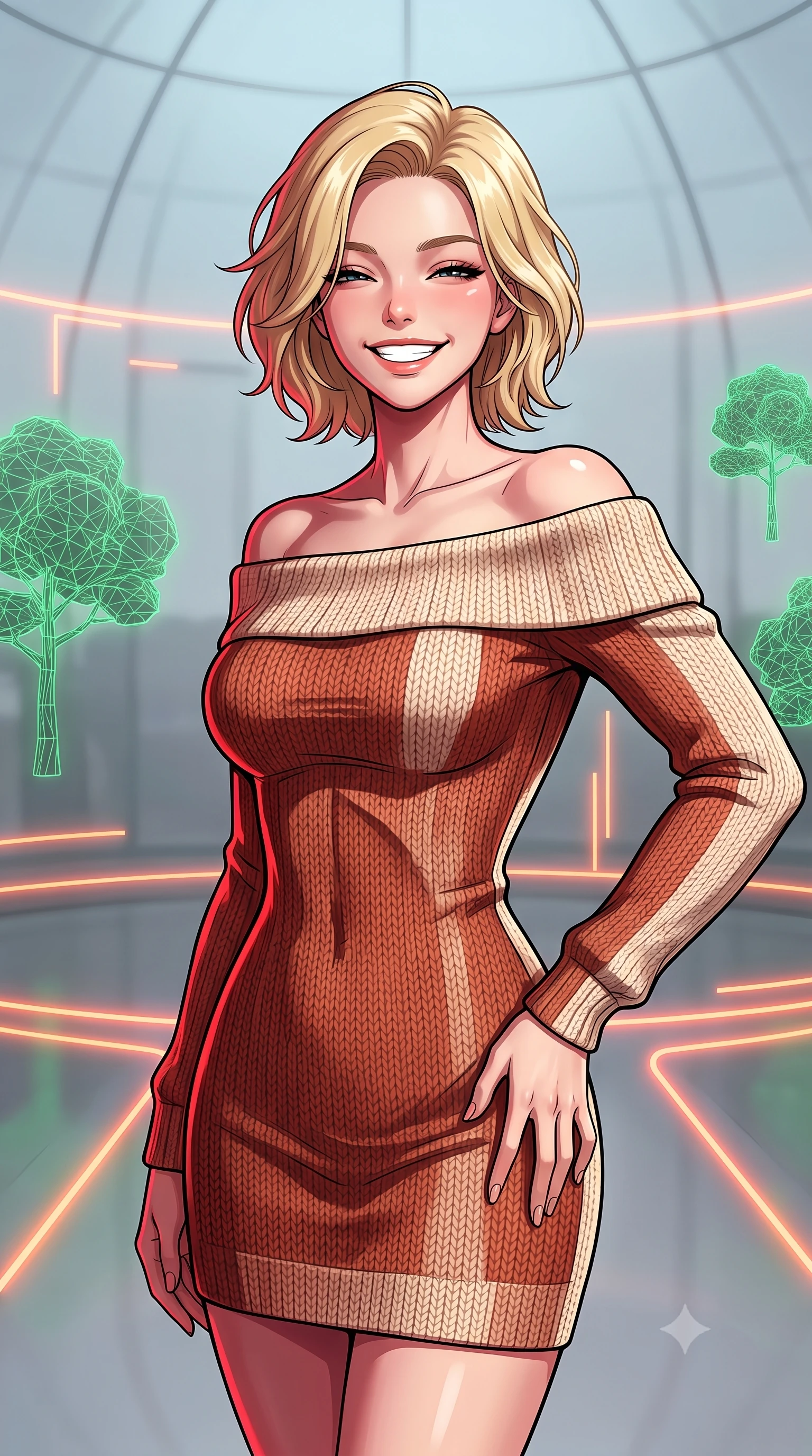 score_9, masterpiece, best quality, ultra-detailed, high-budget anime keyframe, editorial fashion photography, tasteful artistic composition, gorgeous anime illustration, with clean line-art, distinct ink outlines, and high-contrast stereoscopic depth, Caucasian woman, strictly human ears. close-up cowboy shot from the waist and thighs up, the character dominates the composition, filling the frame with her large presence, background elements kept in soft focus. Beaming with a wide, friendly smile that lights up her entire face. set against a soft-focus background of inside a minimalist glass dome with floating green wireframe trees and glowing neon orange status lines tracing the ground. She has an exceptionally elegant, slender, and willowy female figure with a highly-defined ultra-slim waist, a gracefully sculpted slender torso, and a refined slim-fit silhouette that contours her form. sharp v-shaped jawline, high-bridge nose, intricate jewel-like eyes with depth, thick eyelashes, glossy lips with a natural sheen. wearing an off-shoulder fitted sweater dress in a two-tone weave of terracotta and cream wool, conforming to her slender willowy silhouette. deep crimson theatrical lighting with sharp specular highlights on every curve. 2k, ultra detail, master piece, 9:16 ratio, highly saturated vibrant anime colors, detailed cel-shading with soft gradients, rich glossy textures, deep contrast, volumetric dynamic lighting, 2d animation style