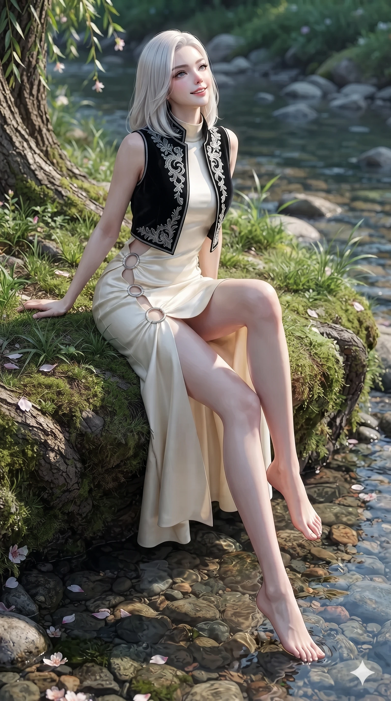 score_9, masterpiece, best quality, ultra-detailed, high-budget anime keyframe, editorial fashion photography, tasteful artistic composition, Korean woman. low angle full-body shot from head to toe showing her feet, filling the entire 9:16 vertical frame with her statuesque presence, stretching her vertical silhouette. sitting poised on the stone steps with one knee bent, arching her spine with supermodel elegance as she glances upward through thick eyelashes while sitting perched on the grassy mossy bank with legs dangling gracefully toward the water, flashing a radiant yet seductive half-smile. The surrounding environment is rendered in vivid detail and crisp panoramic clarity: sharp willow bark ridges, smooth river stones beneath clear water, and delicate flower petals in deep focus. She has an absolutely perfect, statuesque 8.5-heads proportion, an exceptionally tall and slender model-like female figure with impossibly long slender legs, an ultra-slim waist, a flat toned midriff, narrow delicate ribcage, and beautifully sculpted feminine hips creating a graceful, slim hourglass silhouette without any bulky heaviness. sharp v-shaped jawline, high-bridge nose, sparkling eyes with hypnotic seductive depth, thick curled eyelashes, glossy parted lips with a natural dewy peach sheen, alluring bedroom-eyes with an enchanting coquettish smile, exuding magnetic siren charisma and sophisticated glamour, flawlessly proportioned anatomical accuracy, strict slender model proportions, natural body alignment, perfectly sculpted long slender limbs, ultra-slim waistline, clean dynamic posture without body distortion. wearing an aristocratic black velvet baeja vest worn over a tailored high-neck ivory silk maxi dress in midnight obsidian black and rich cinnabar red, tailored from heavy double-faced silk faille with an exceptionally fluid drape, accented with sculptural chrome hardware rings framing the subtle cutouts, the bespoke structured tailoring following the natural line of her 8.5-heads silhouette with refined elegance. illuminated by cool water surface bounce and sharp platinum-cyan rim lights defining her razor-sharp jawline, narrow waist, and curvy hips. ultra-reflective glossy finish, specular highlights, rich textural contrasts, high-contrast stereoscopic depth, volumetric dynamic lighting, 2k, ultra detail, master piece, 9:16 ratio