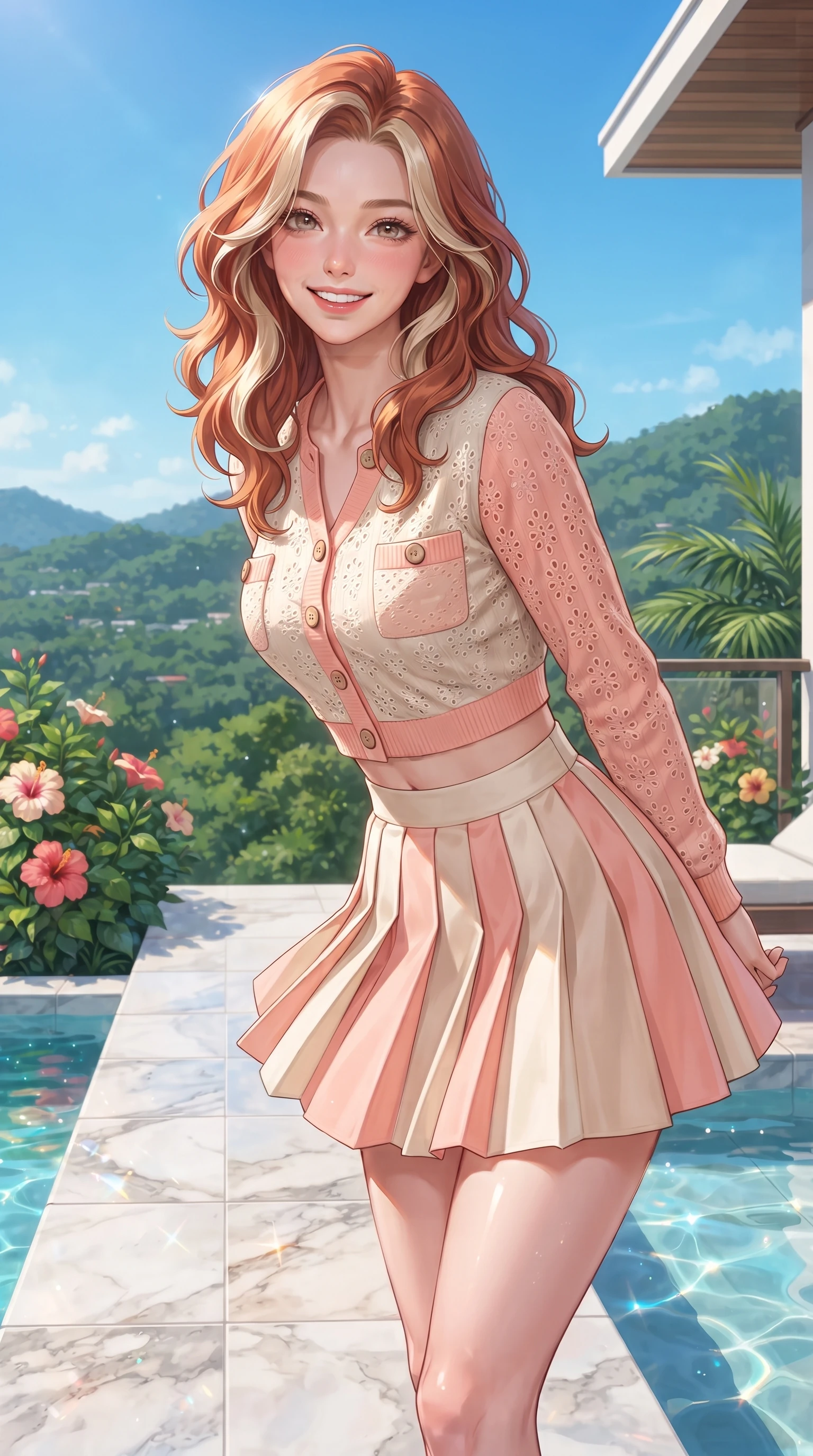 score_9, masterpiece, best quality, ultra-detailed, high-budget anime keyframe, editorial fashion photography, tasteful artistic composition, Caucasian woman. close-up cowboy shot from the waist and thighs up, the character dominates the composition, filling the frame with her large presence. Cheerful beaming smile with sparkling eyes and a fresh girlhood aura, leaning forward with playful grace while pivoting dynamically on an open-air resort terrace with a breathtaking view of lush green hills. The surrounding environment is rendered in vivid detail and crisp panoramic clarity. detailed marble poolside tiles, blooming hibiscus flowers, and clear blue sky captured in crisp resolution. She has an exceptionally elegant, slender, and willowy female figure with an ultra-slim waist, a gracefully sculpted slender torso, and a refined silhouette. sharp v-shaped jawline, high-bridge nose, intricate jewel-like eyes with depth, thick eyelashes, glossy lips with a natural sheen, flawlessly proportioned anatomical accuracy, natural body alignment, perfectly sculpted elegant limbs, clean dynamic posture without body distortion. wearing a chic cropped pastel cardigan with a high-waisted pleated tennis skirt in warm coral pink and champagne ivory, woven with delicate eyelet lace and soft cotton, finished with neat front wooden buttons and pocket details, the soft airy drape swaying gracefully with her dynamic movements. bathed in bright tropical sunshine and glittering pool water refractions. ultra-reflective glossy finish, specular highlights, metallic sheen, high-contrast stereoscopic depth, volumetric dynamic lighting, 2k, ultra detail, master piece, 9:16 ratio