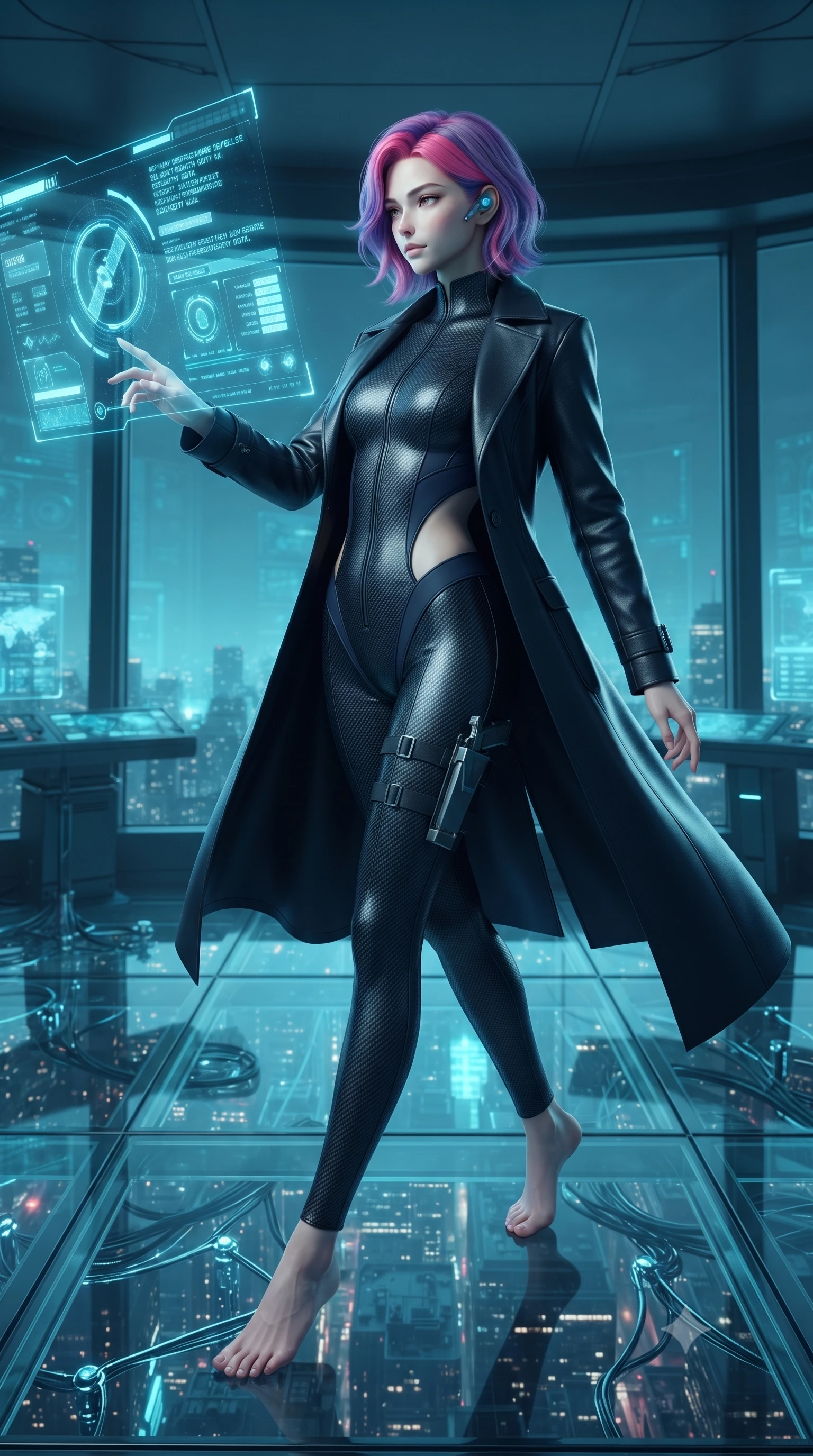 score_9, masterpiece, best quality, ultra-detailed, high-budget anime keyframe, editorial fashion photography, tasteful artistic composition, Caucasian woman. low angle full-body shot from head to toe showing her feet, filling the entire 9:16 vertical frame with her statuesque presence, stretching her vertical silhouette. stepping forward gracefully in mid-motion, displaying her toned flat midriff and flawlessly sculpted slender limbs while arching her spine in a fluid stretch while reviewing encrypted satellite telemetry data with a calm, intellectual expression. The surrounding environment is rendered in vivid detail and crisp panoramic clarity. crystal-clear transparent glass floor panels, glowing holographic typography, and chrome furniture joints in deep focus. She has an absolutely perfect, statuesque 8.5-heads proportion, an exceptionally tall and slender model-like female figure with impossibly long slender legs, a toned flat midriff, and an ultra-slim waist. sharp v-shaped jawline, high-bridge nose, intricate jewel-like eyes with depth, thick eyelashes, glossy lips with a natural sheen, captivating and magnetic expression, flawlessly proportioned anatomical accuracy, strict slender model proportions, natural body alignment, perfectly sculpted long slender limbs, ultra-slim waistline, clean dynamic posture without body distortion. wearing a sleek second-skin dark carbon-weave infiltration catsuit paired with a tailored long leather trench coat in stealth obsidian black and midnight navy, crafted from flexible ballistic matte leather and ultra-sleek stretch neoprene, equipped with a minimalist titanium leg holster and smart holographic earpiece edition #14, the precision-cut daring openings accentuating her delicate midriff, graceful bare collarbones, and ultra-slim feminine waistline. bathed in ambient cyan and ice-blue holographic screen glow combined with midnight city skylight. ultra-reflective glossy finish, specular highlights, rich textural contrasts, high-contrast stereoscopic depth, volumetric dynamic lighting, 2k, ultra detail, master piece, 9:16 ratio