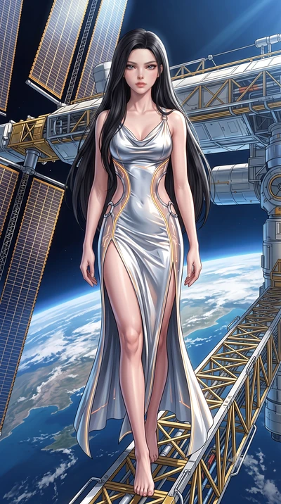 score_9, masterpiece, best quality, ultra-detailed, high-budget anime keyframe, semi-realistic 3D game render, editorial fashion photography, tasteful artistic composition, Korean woman. low angle full-body shot from head to toe showing her feet, fil