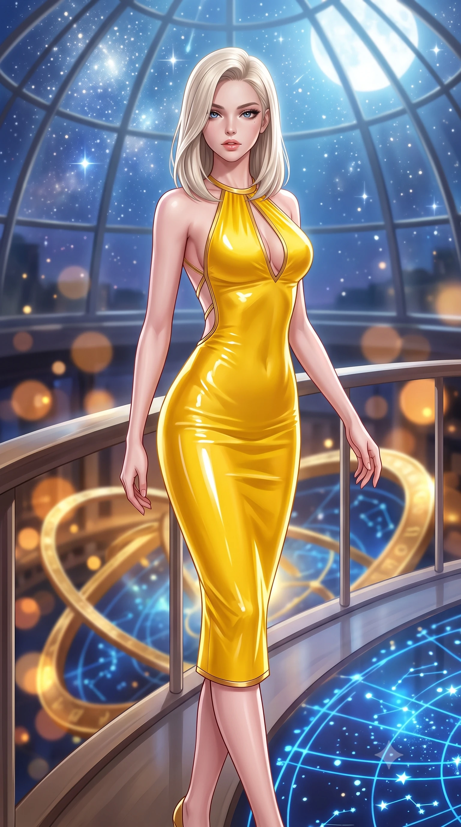 score_9, masterpiece, best quality, ultra-detailed, high-budget anime keyframe, semi-realistic 3D game render, editorial fashion photography, tasteful artistic composition, Caucasian woman. close-up cowboy shot from the waist and thighs up, the character dominates the composition, filling the frame with her large presence. casting a slow, smoldering gaze beneath heavy lashes with parted glossy lips, her head slightly tilted in captivating self-assurance while stepping along a curved mezzanine walkway under a soaring glass dome catching brilliant starlight and moonlight. The composition keeps background elements in soft focus with creamy bokeh. rotating golden astrolabe rings and glowing blue star charts blurred into rich amber and sapphire bokeh. She has an exceptionally elegant, slender, and willowy female figure with an ultra-slim waist, a gracefully sculpted slender torso, toned flat midriff, and a refined slim silhouette. sharp v-shaped jawline, high-bridge nose, intricate jewel-like eyes with depth, thick eyelashes, glossy lips with a natural sheen, flawlessly proportioned anatomical accuracy, strict slender model proportions, natural body alignment, perfectly sculpted long slender limbs, ultra-slim waistline, clean dynamic posture without body distortion. wearing a velvet halter-neck midi dress fitting her statuesque contour flawlessly with a Tasteful chest slit and open spine in vibrant sunburst canary yellow and gold trim, crafted from ultra-reflective second-skin latex with a high-gloss glass-like polish, complemented by criss-cross back straps highlighting her completely bare spine, the liquid-tight tailored fabric emphasizing every curve of her tall, slender model proportions and sculptured silhouette during dynamic movement. surrounded by an intellectual, noble, and enchantingly seductive celestial royalty aura. highly saturated vibrant anime colors, detailed shading with soft gradients, rich glossy textures, high-contrast stereoscopic depth, volumetric dynamic lighting, master piece, 9:16 ratio
