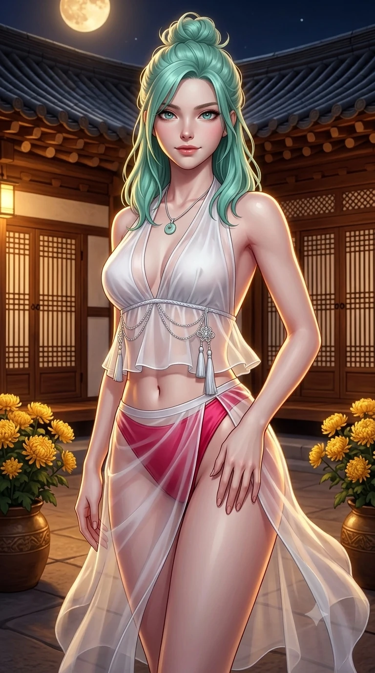 score_9, masterpiece, best quality, ultra-detailed, high-budget anime keyframe, semi-realistic 3D game render, editorial fashion photography, tasteful artistic composition, Japanese woman. close-up cowboy shot from the waist and thighs up, the character dominates the composition, filling the frame with her large presence. tilting her head with a teasing half-smile, running one hand slowly down the side of her hip in a flirtatious S-curve as ambient light caresses her silhouette while twisting her slender torso in an alluring contrapposto stance between golden chrysanthemum urns, warm moonlight tracing her flat midriff. The surrounding environment is rendered in vivid detail and crisp panoramic clarity: detailed liquid silk satin halter leotard tailoring, sheer nobang wrap skirt, and traditional hanok architecture in razor-sharp precision. She has an exceptionally elegant, slender, and willowy female figure with an ultra-slim waist, flat toned midriff, narrow ribcage, and sculpted feminine hips creating an alluring, slim hourglass silhouette without bulk. sharp v-shaped jawline, high-bridge nose, sparkling eyes with hypnotic seductive depth, thick curled eyelashes, glossy parted lips with a natural dewy peach sheen, alluring bedroom-eyes with an enchanting coquettish smile, exuding magnetic siren charisma and sophisticated glamour, flawlessly proportioned anatomical accuracy, strict slender model proportions, natural body alignment, perfectly sculpted long slender limbs, ultra-slim waistline, clean dynamic posture without body distortion. wearing a plunge-front sheer organza halter top with fluttering norigae waist chains paired with high-cut silk briefs in pure snow white and vivid cherry blossom crimson, made of supple butter-soft lambskin leather with a subtle satin sheen, finished with a minimalist celadon porcelain pendant on a fine silk cord, the form-fitting cut adhering flawlessly to her sculpted flat midriff and slender torso, emphasizing her long leg lines and perfectly proportioned willowy build. illuminated by courtyard lantern bounce and sharp honey-gold rim lights sculpting her razor-sharp jawline, narrow waist, and curvy hips. highly saturated vibrant anime colors, detailed shading with soft gradients, rich glossy textures, high-contrast stereoscopic depth, volumetric dynamic lighting, master piece, 9:16 ratio