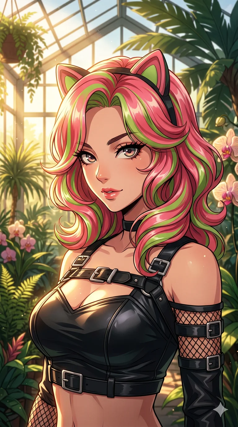 score_9, masterpiece, best quality, ultra-detailed, high-budget anime keyframe, vibrant colors and expressive line art, an incredibly beautiful Japanese woman. Medium shot of upper body focusing on her alluring and cute features and her candy-coated hair with strawberry pink and lime green swirls, filling the vertical 9:16 frame. She is wearing a cute cat-ear headband that syncs with her hair color. She has a sharp v-shaped jawline, high-bridge nose, intricate jewel-like eyes, thick eyelashes, and glossy lips. She possesses an absolutely perfect 8-heads proportion and a slim-fit silhouette. She is wearing a stylish leather crop top with tactical straps and fishnet accents, highlighting her alluring silhouette. a sun-drenched greenhouse filled with exotic tropical plants, dramatic rim lighting, cinematic shadows, 2k, ultra detail, master piece, 9:16 ratio
