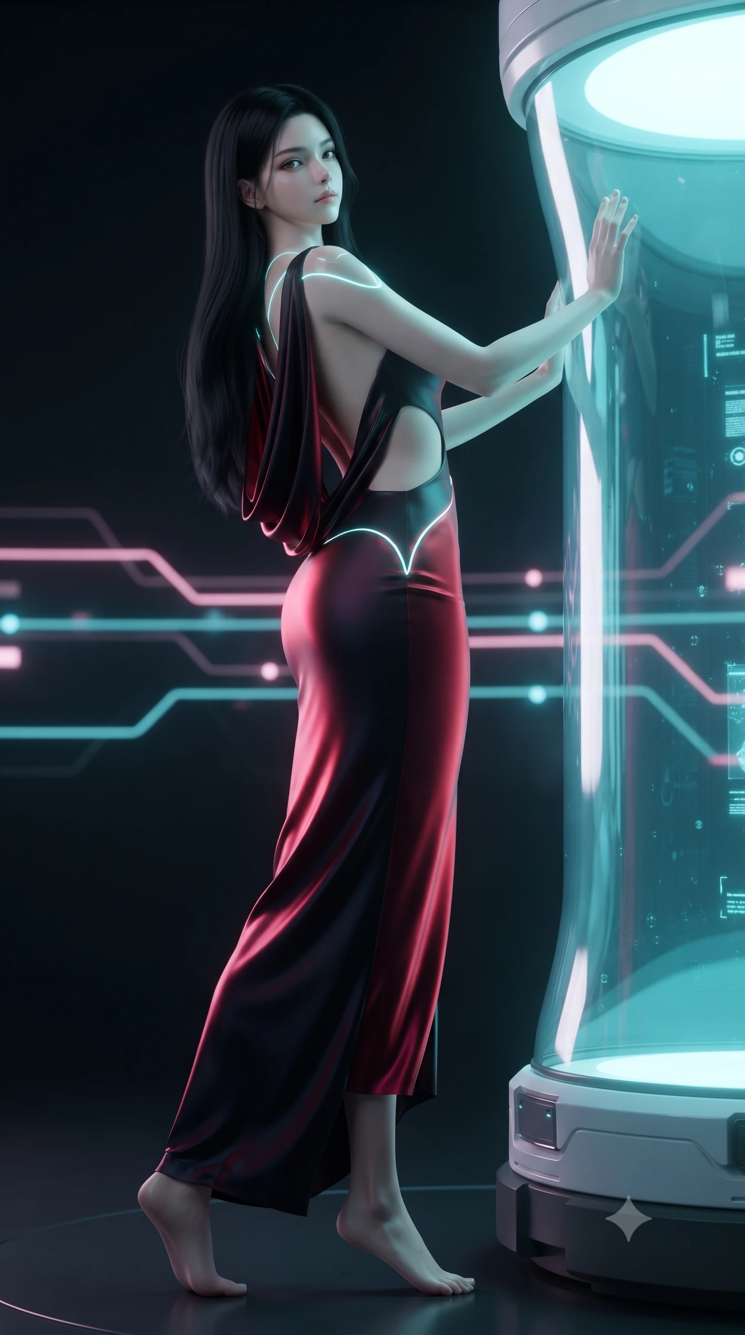 score_9, masterpiece, best quality, ultra-detailed, high-budget anime keyframe, editorial fashion photography, tasteful artistic composition, Korean woman. low angle full-body shot from head to toe showing her feet, filling the entire 9:16 vertical frame with her statuesque presence, stretching her vertical silhouette. arching her back in a fluid zero-gravity turn with sovereign grace, her long slender legs and sculpted torso creating a sweeping line while pressing both hands and torso against the curved glass of a glowing nano-fluid incubation chamber. The composition keeps background elements in soft focus with creamy bokeh. pulsating bioluminescent diagnostic lines scattering gentle pink and cyan light across a dark backdrop. She has an absolutely perfect, statuesque 8.5-heads proportion, an exceptionally tall and slender model-like female figure with impossibly long slender legs and an ultra-slim waist. sharp v-shaped jawline, high-bridge nose, intricate jewel-like eyes with depth, thick eyelashes, glossy lips with a natural sheen, flawlessly proportioned anatomical accuracy, natural body alignment, perfectly sculpted elegant limbs, clean dynamic posture without body distortion. wearing a precision-fitted liquid jersey bodycon dress with a dramatic draped cowl back that swoops down to her waist in glossy obsidian black and radiant crimson red, made of smooth iridescent silk chiffon that shifts colors with movement, accented with glowing fiber-optic seams tracing her collarbones and hip curves, the daring cutouts accentuating her delicate midriff, graceful collarbones, and feminine contour. illuminated by cool cyan diagnostic holograms and crisp specular highlights on glass. ultra-reflective glossy finish, specular highlights, metallic sheen, high-contrast stereoscopic depth, volumetric dynamic lighting, 2k, ultra detail, master piece, 9:16 ratio