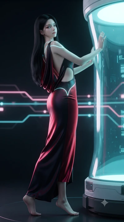 score_9, masterpiece, best quality, ultra-detailed, high-budget anime keyframe, editorial fashion photography, tasteful artistic composition, Korean woman. low angle full-body shot from head to toe showing her feet, filling the entire 9:16 vertical f
