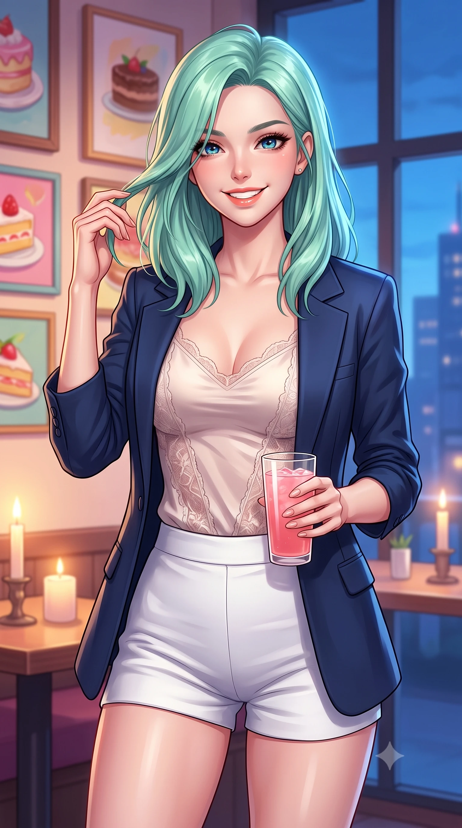 score_9, masterpiece, best quality, ultra-detailed, high-budget anime keyframe, editorial fashion photography, tasteful artistic composition, Japanese woman. close-up cowboy shot from the waist and thighs up, the character dominates the composition, filling the frame with her large presence, background elements kept in soft focus. flashing an intoxicating, sunny grin while brushing a strand of hair away from her face set against a soft-focus background of in a cozy dessert cafe corner decorated with colorful cake paintings holding a glass of pink lemonade with a playful, cute smile. She has an exceptionally elegant, slender, and willowy female figure with an ultra-slim waist, a gracefully sculpted slender torso, and a refined silhouette. sharp v-shaped jawline, high-bridge nose, intricate jewel-like eyes with depth, thick eyelashes, glossy lips with a natural sheen. wearing slim-fit delicate silk camisole with lace panels and a tailored blazer worn open over form-contouring shorts. soft candle light clashing with the cool blue city twilight sky outside. highly saturated vibrant anime colors, detailed shading with soft gradients, rich glossy textures, high-contrast stereoscopic depth, volumetric dynamic lighting, master piece, 9:16 ratio