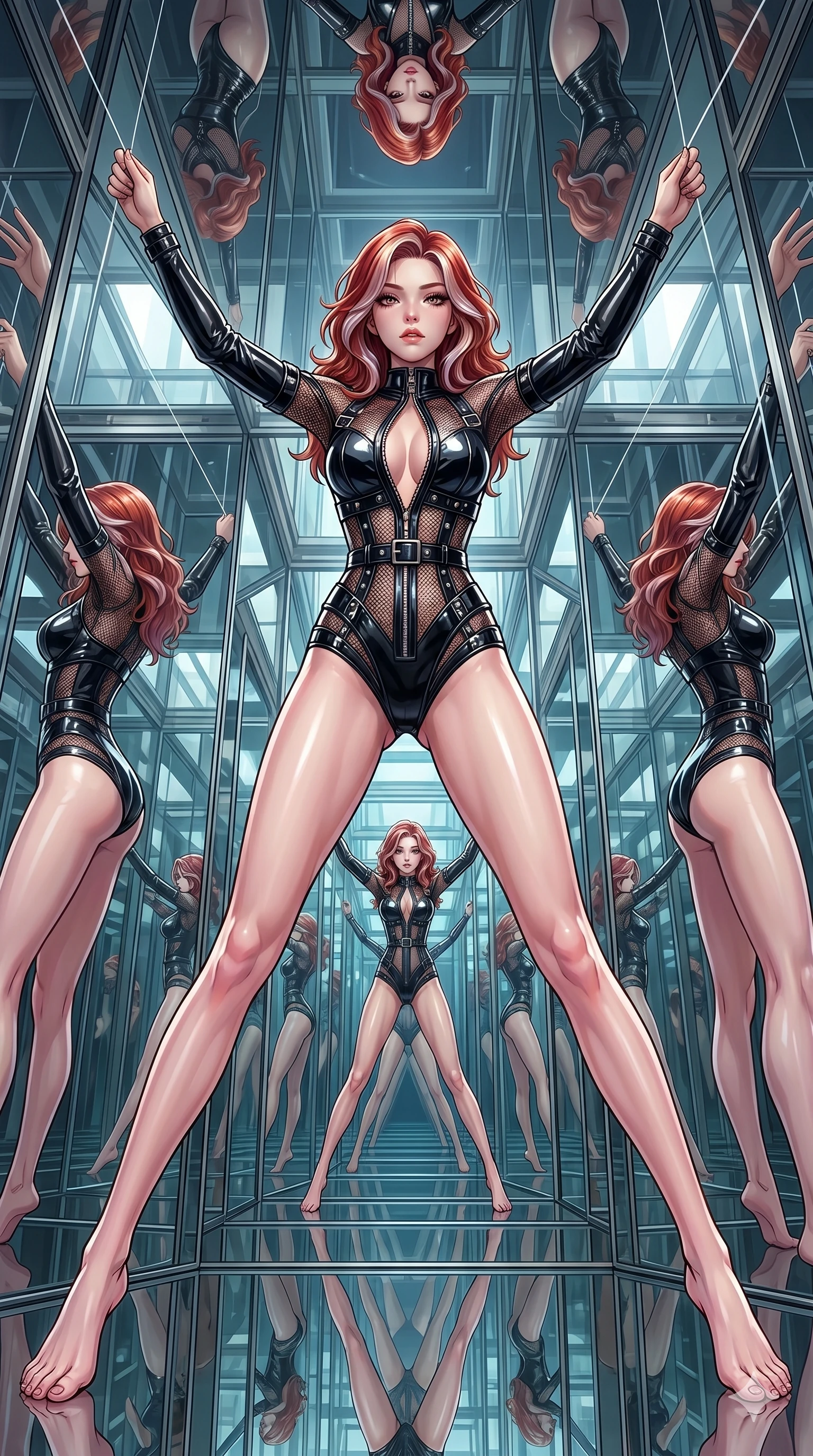 score_9, masterpiece, best quality, ultra-detailed, High-budget Anime Keyframe, East Asian woman. Dynamic full-body shot stretching the vertical silhouette to the limit. Scenario 246: Suspended by invisible silk threads in a hall of mirrors. Her presence is magnetic and overpowering in this high-budget anime scene. Outfit 246: A patent leather mesh with a unzipped detail and metallic buckles. The clothing is designed to emphasize her exceptionally tall and slender 8-heads proportion. 8-heads proportion, towering silhouette, ultra-slim waist. sharp v-shaped jawline, intricate jewel-like eyes with depth, thick eyelashes, glossy lips. 2k, ultra detail, master piece, 9:16 ratio