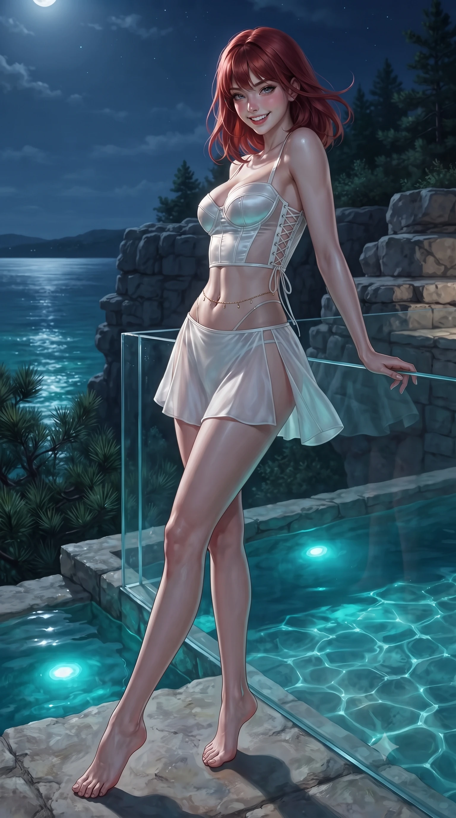 score_9, masterpiece, best quality, ultra-detailed, high-budget anime keyframe, editorial fashion photography, tasteful artistic composition, Caucasian woman. low angle full-body shot from head to toe showing her feet, filling the entire 9:16 vertical frame with her statuesque presence, stretching her vertical silhouette. executing a slow, graceful pivot turn as her skirt sways around her slender legs, glancing back with an enchanting, teasing sensual expression while leaning against the clear acrylic infinity coping with hips cocked back, looking down at the moonlit emerald river below with smoldering bedroom-eyes. The surrounding environment is rendered in vivid detail and crisp panoramic clarity: sharp rough-hewn limestone rock strata, crystal-clear pool water surface caustics, and alpine pine needles in deep focus. She has an exceptionally tall and slender model-like 8.5-heads proportion, an ultra-slim waist, a flat toned midriff, narrow delicate ribcage, and beautifully sculpted feminine hips creating a graceful, slim hourglass silhouette without any bulky heaviness, with impossibly long slender legs. sharp v-shaped jawline, high-bridge nose, intricate jewel-like sparkling eyes with depth, thick eyelashes, glossy parted lips with a natural peach sheen, bright cheerful beaming smile with an enchanting and coquettish sensual glint, exuding both youthful cute charm and seductive allure, flawlessly proportioned anatomical accuracy, strict slender model proportions, natural body alignment, perfectly sculpted long slender limbs, ultra-slim waistline, clean dynamic posture without body distortion. wearing a sculpted satin underwire crop bustier with lace-up side ties paired with a micro skirt in pure translucent crystal white and liquid platinum, featuring strategic sheer-illusion tulle side panels framing her ribcage and hips, accented with a dainty gold belly chain resting across her flat midriff and curving hips, the form-contouring silhouette accentuating her sculpted flat midriff, narrow delicate ribcage, and gracefully curvy hips with intoxicating allure. bathed in underwater pool turquoise LEDs contrasted with cool silver moonlight on limestone cliffs. ultra-reflective glossy finish, specular highlights, rich textural contrasts, high-contrast stereoscopic depth, volumetric dynamic lighting, 2k, ultra detail, master piece, 9:16 ratio