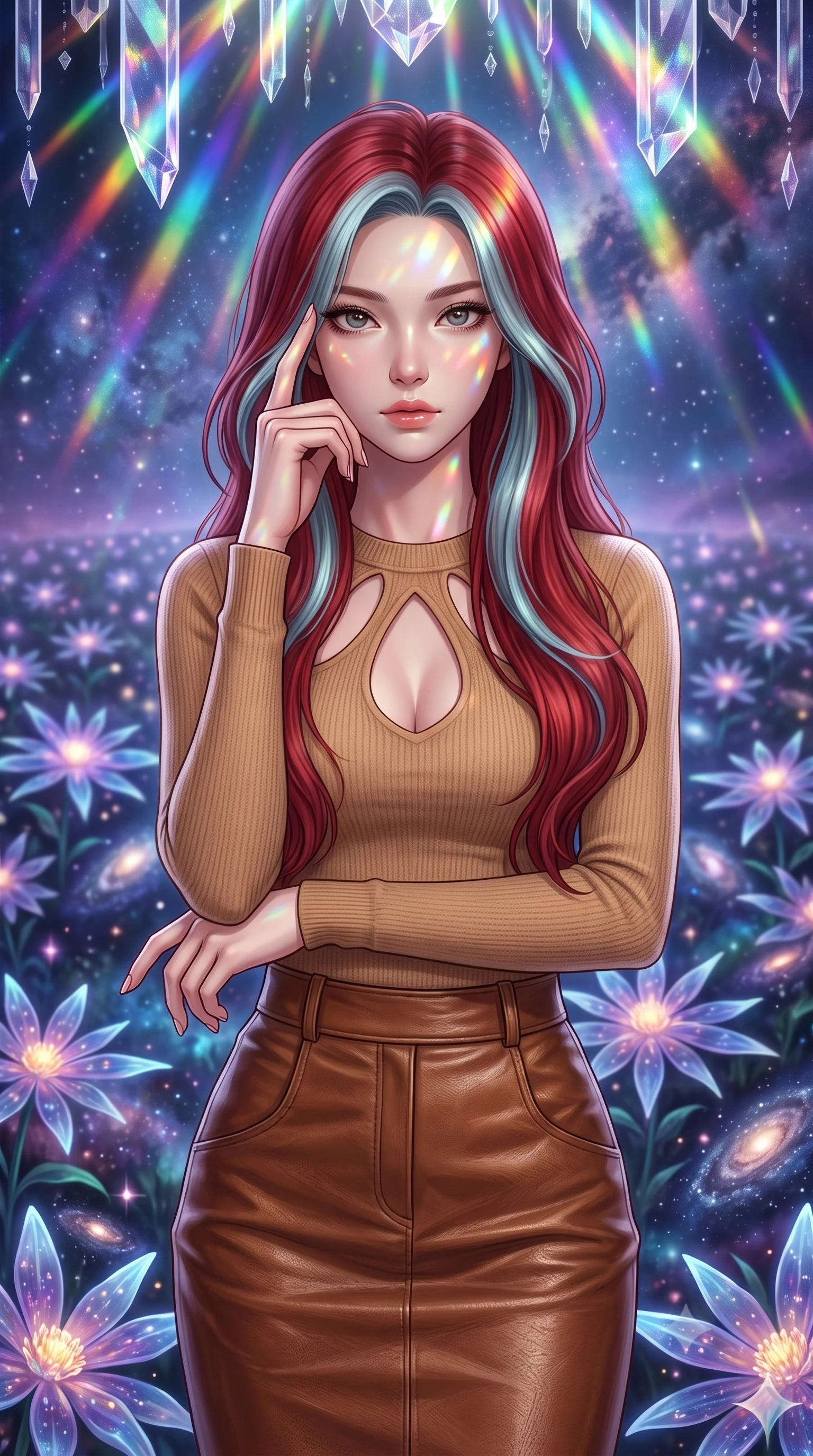 score_9, masterpiece, best quality, ultra-detailed, high-budget anime keyframe, editorial fashion photography, tasteful artistic composition, Caucasian woman, strictly human ears. close-up cowboy shot from the waist and thighs up, the character dominates the composition, filling the frame with her large presence, background elements kept in soft focus. Pressing two fingers to her temple in a composed thoughtful gesture. set against a soft-focus background of a cosmic garden where luminous flowers are arranged in enormous compass rose patterns each petal-arm pointing toward a different visible galaxy with stellar winds gently swaying the astral blooms. She has an exceptionally elegant and slender, willowy female figure with an ultra-slim waist, a gracefully sculpted slender torso, and a refined slim physique. sharp v-shaped jawline, high-bridge nose, intricate jewel-like eyes with depth, thick eyelashes, glossy lips with a natural sheen. wearing a camel-colored knit top with a keyhole chest cutout, paired with a brown leather pencil skirt. cascading rainbow prismatic light refracting through crystal formations overhead. 2k, ultra detail, master piece, 9:16 ratio