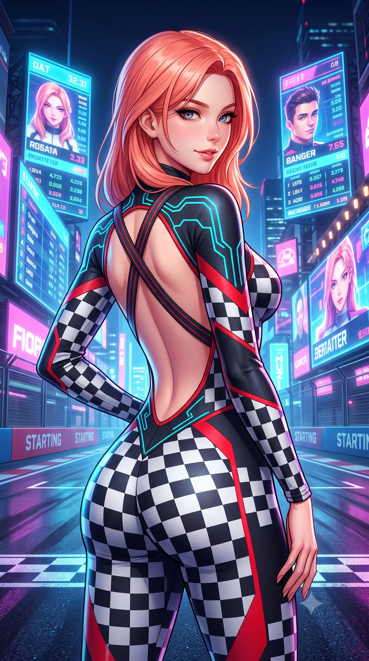 score_9, masterpiece, best quality, ultra-detailed, high-budget anime keyframe, semi-realistic 3D game render, editorial fashion photography, tasteful artistic composition, Japanese woman. close-up cowboy shot from the waist and thighs up, the character dominates the composition, filling the frame with her large presence. turning over a bare shoulder with an intoxicating, teasing smile, her soft hair framing her sharp jawline as she looks back while posing boldly at the center of the illuminated starting grid as giant holographic jumbotrons flash behind her. The surrounding environment is rendered in vivid detail and crisp panoramic clarity. intense neon-noir chiaroscuro and exhilarating urban drift culture aesthetics rendered with precision. She has an exceptionally elegant, slender, and willowy female figure with an ultra-slim waist, a gracefully sculpted slender torso, toned flat midriff, and a refined slim silhouette. sharp v-shaped jawline, high-bridge nose, intricate jewel-like eyes with depth, thick eyelashes, glossy parted lips with a natural sheen, intensely captivating and seductive expression, flawlessly proportioned anatomical accuracy, strict slender model proportions, natural body alignment, perfectly sculpted long slender limbs, ultra-slim waistline, clean dynamic posture without body distortion. wearing a daring open-back racing jumpsuit with crossed elastic suspension straps and form-hugging fit in monochrome checkerboard black and white with red accents, crafted from compression knit fabric sculpting her athletic hourglass lines, finished with glowing cyan circuit lines tracing her collarbones and shoulders, the liquid-tight tailored fabric emphasizing every curve of her tall, slender model proportions and sculptured silhouette. surrounded by an adrenaline-fueled, audacious, and wildly charismatic drift idol aura. highly saturated vibrant anime colors, detailed shading with soft gradients, rich glossy textures, high-contrast stereoscopic depth, volumetric dynamic lighting, master piece, 9:16 ratio
