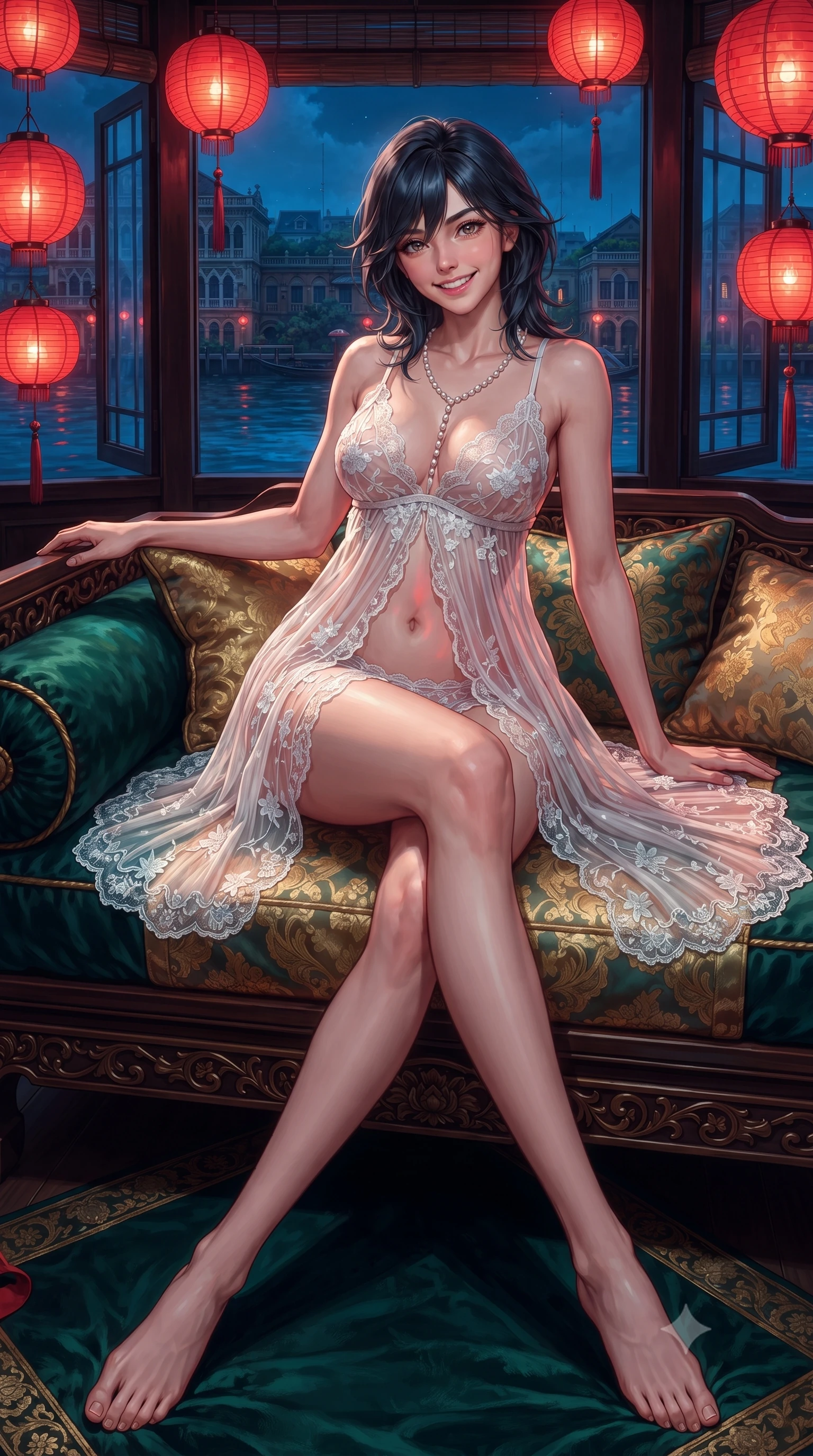 score_9, masterpiece, best quality, ultra-detailed, high-budget anime keyframe, editorial fashion photography, tasteful artistic composition, Caucasian woman. low angle full-body shot from head to toe showing her feet, filling the entire 9:16 vertical frame with her statuesque presence, stretching her vertical silhouette. lounging on the lavish daybed with legs crossed and hips angled toward the camera, displaying her toned midriff and long slender limbs with effortless siren poise while twisting her slender torso in an alluring contrapposto stance, hanging red paper lanterns casting warm crimson reflections across her flat midriff. The surrounding environment is rendered in vivid detail and crisp panoramic clarity: detailed semi-sheer botanical lace teddy weave, open back ties, and riverfront heritage architecture in razor-sharp precision. She has an exceptionally tall and slender model-like 8.5-heads proportion, an ultra-slim waist, a flat toned midriff, narrow delicate ribcage, and beautifully sculpted feminine hips creating a graceful, slim hourglass silhouette without any bulky heaviness, with impossibly long slender legs. sharp v-shaped jawline, high-bridge nose, intricate jewel-like sparkling eyes with depth, thick eyelashes, glossy parted lips with a natural peach sheen, bright cheerful beaming smile with an enchanting and coquettish sensual glint, exuding both youthful cute charm and seductive allure, flawlessly proportioned anatomical accuracy, strict slender model proportions, natural body alignment, perfectly sculpted long slender limbs, ultra-slim waistline, clean dynamic posture without body distortion. wearing a form-contouring sheer pleated georgette baby-doll slip with plunging neckline and scalloped lace trim in pure translucent crystal white and iridescent pearl, made of delicate embroidered tulle lace with intricate floral motifs and soft transparency, accented with a pearl-drop body harness subtly framing her dewy collarbones and spine, the second-skin tailored fabric adhering flawlessly to her sculpted flat midriff and slender torso, emphasizing her long leg lines and perfectly proportioned willowy build. bathed in the romantic crimson-gold lantern glows contrasted with cool deep-blue midnight river reflections. ultra-reflective glossy finish, specular highlights, rich textural contrasts, high-contrast stereoscopic depth, volumetric dynamic lighting, 2k, ultra detail, master piece, 9:16 ratio