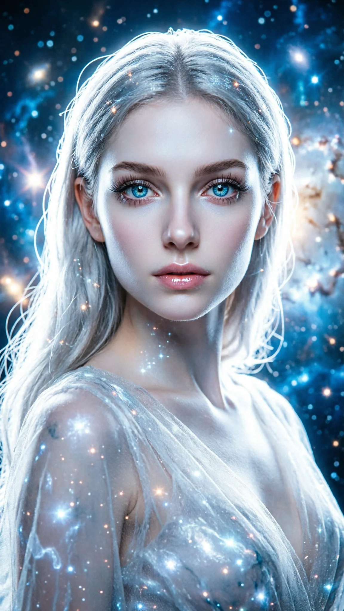 score_9, masterpiece, best quality, ultra-detailed, highend animation keyframe, an incredibly beautiful ethereal Caucasian woman with flawless pale skin (strictly human ears). Close-up portrait filling more than half of the frame. She is a star-child born from a dying star, her touch turning everything into stardust. She has an absolutely perfect petite and compact proportion, a petite female figure with a delicate skinny figure and fragile aesthetic. Her face is a highly detailed masterpiece featuring a v-shaped jawline, high-bridge nose, intricate sapphire-like eyes, thick eyelashes, and glossy lips. She has silver flowing hair like a cosmic cloud. She is wearing a sheer fabric dress that glows with inner light, highlighting her alluring silhouette. Cosmic explosion and starfield background, dramatic rim lighting, radiant glowing skin, cinematic dynamic light, 2k, ultra detail, master piece, 3:4 ratio