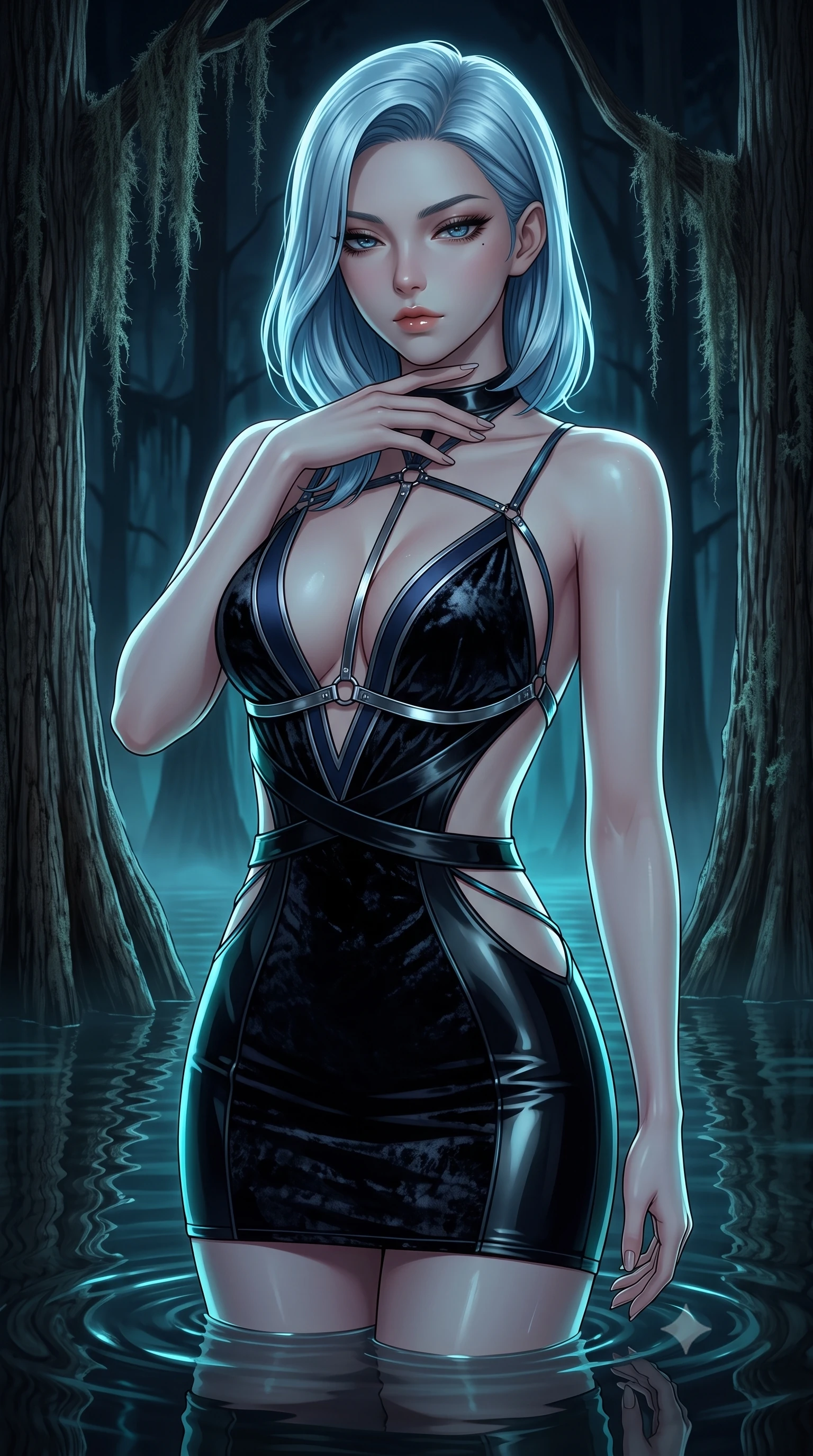 score_9, masterpiece, best quality, ultra-detailed, high-budget anime keyframe, semi-realistic 3D game render, editorial fashion photography, tasteful artistic composition, Korean woman. close-up cowboy shot from the waist and thighs up, the character dominates the composition, filling the frame with her large presence. resting her fingers lightly against her throat while looking down with a smoldering, haughty yet intensely captivating glance while arching her spine in a fluid stretch as dark rippling water reflects her statuesque silhouette with haunting beauty. The surrounding environment is rendered in vivid detail and crisp panoramic clarity. detailed cypress bark grain, hanging moss filament textures, and calm dark water ripples in deep focus. She has an exceptionally elegant, slender, and willowy female figure with an ultra-slim waist, a gracefully sculpted slender torso, toned flat midriff, and a refined slim silhouette. sharp v-shaped jawline, high-bridge nose, intricate jewel-like eyes with depth, thick eyelashes, glossy lips with a natural sheen, flawlessly proportioned anatomical accuracy, strict slender model proportions, natural body alignment, perfectly sculpted long slender limbs, ultra-slim waistline, clean dynamic posture without body distortion. wearing a second-skin midnight black latex mini dress with a dramatic open-back design wrapping around her waist and a plunging neckline in midnight navy blue and shadowed silver trim, made of rich crushed velvet that catches deep directional light with soft gradients, reinforced by a sleek metallic chrome harness and delicate dark glowing micro-straps, the precision-cut daring openings accentuating her delicate midriff, graceful bare collarbones, and ultra-slim feminine waistline. bathed in pale silver moonlight backlighting and eerie cyan water refractions. rich saturated anime colors with deep moody shadows, detailed chiaroscuro shading with soft gradients, rich glossy textures, high-contrast stereoscopic depth, volumetric dynamic shadow lighting, master piece, 9:16 ratio