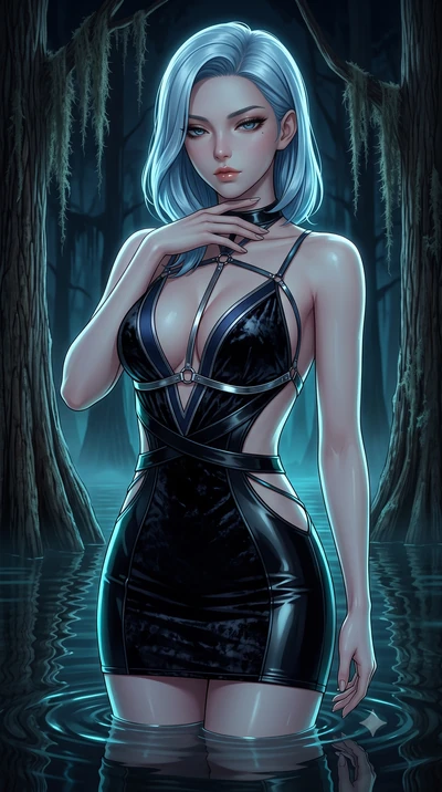 score_9, masterpiece, best quality, ultra-detailed, high-budget anime keyframe, semi-realistic 3D game render, editorial fashion photography, tasteful artistic composition, Korean woman. close-up cowboy shot from the waist and thighs up, the characte