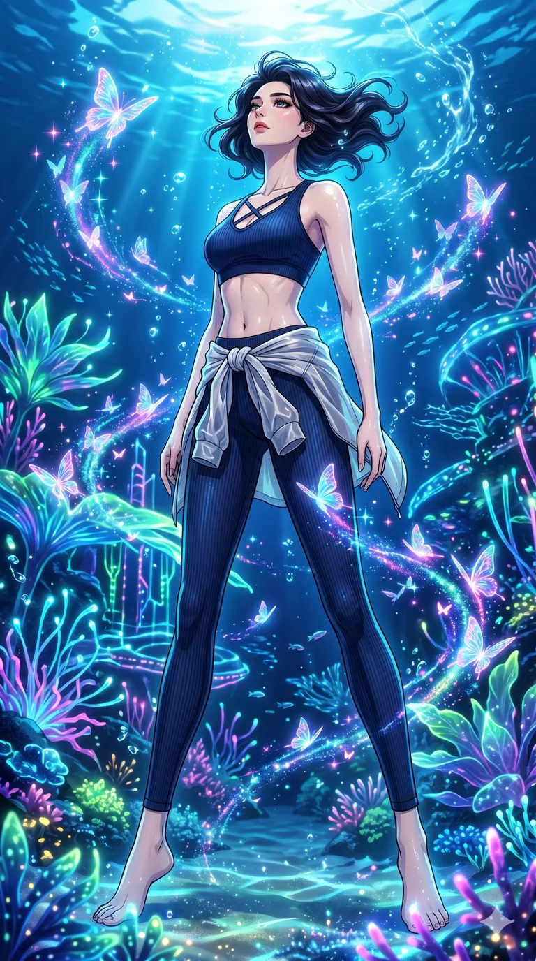 score_9, masterpiece, best quality, ultra-detailed, High-budget Anime Keyframe, vibrant colors, fluid line-art, expressive lighting, cinematic composition, Ufotable-style visual effects, top-tier animation quality, Korean woman with idol-like refined features. Low angle cowboy shot filling the entire 9:16 frame with her statuesque presence, looking up to emphasize her height. Surrounded by a swarm of digital butterflies that leave trails of neon dust. She has an absolutely perfect 8-heads proportion, an exceptionally tall and slender female figure with impossibly long slender legs and an ultra-slim waist, her statuesque height and towering silhouette dominating the vertical 9:16 frame. Her face is a masterpiece featuring a sharp v-shaped jawline, high-bridge nose, intricate jewel-like eyes with depth, thick eyelashes, and glossy lips with a natural sheen. She is wearing a Premium ribbed leggings with a matching cross-back sports bra, semi-transparent windbreaker tied around the waist, and an exposed midriff.. The scene is set in an underwater Eden where the plants are made of light and fiber-optics. 2k, ultra detail, master piece, 9:16 ratio