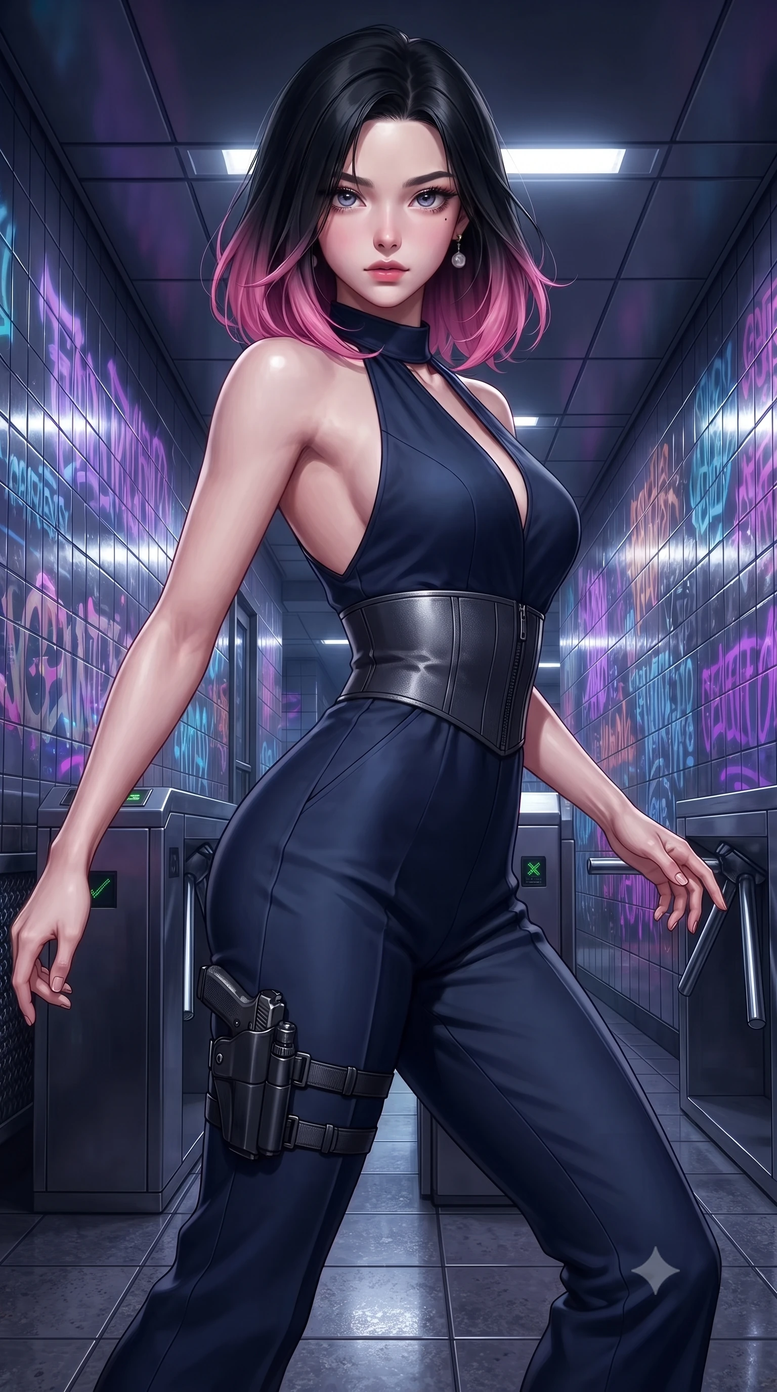 score_9, masterpiece, best quality, ultra-detailed, high-budget anime keyframe, editorial fashion photography, tasteful artistic composition, Korean woman. close-up cowboy shot from the waist and thighs up, the character dominates the composition, filling the frame with her large presence. radiating intense magnetic charisma with jewel-like eyes locked onto the viewer, her upper body turning in a dynamic, fluid S-curve while posing dynamically in a futuristic subway station corridor covered in glowing ultraviolet cyber-graffiti murals. The surrounding environment is rendered in vivid detail and crisp panoramic clarity. intricate ultraviolet graffiti lettering, reflective tiled walls, and metallic turnstile textures in deep focus. She has an exceptionally elegant, slender, and willowy female figure with an ultra-slim waist, a gracefully sculpted slender torso, toned flat midriff, and a refined slim silhouette. sharp v-shaped jawline, high-bridge nose, intricate jewel-like eyes with depth, thick eyelashes, glossy lips with a natural sheen, captivating and magnetic expression, flawlessly proportioned anatomical accuracy, strict slender model proportions, natural body alignment, perfectly sculpted long slender limbs, ultra-slim waistline, clean dynamic posture without body distortion. wearing a high-society undercover halter-neck jumpsuit with a tailored deep-V back and integrated tactical waist cincher in deep midnight blue and brushed gunmetal, tailored from fluid silk crepe with inner ballistic reinforcement, accessorized with a sleek concealed garter holster and pearl ear transmitter edition #25, the breezy yet form-flattering drape swaying gracefully with her steps, accentuating her long willowy limbs and slim waistline. illuminated by crisp specular highlights defining her toned flat midriff and athletic curves. ultra-reflective glossy finish, specular highlights, rich textural contrasts, high-contrast stereoscopic depth, volumetric dynamic lighting, 2k, ultra detail, master piece, 9:16 ratio