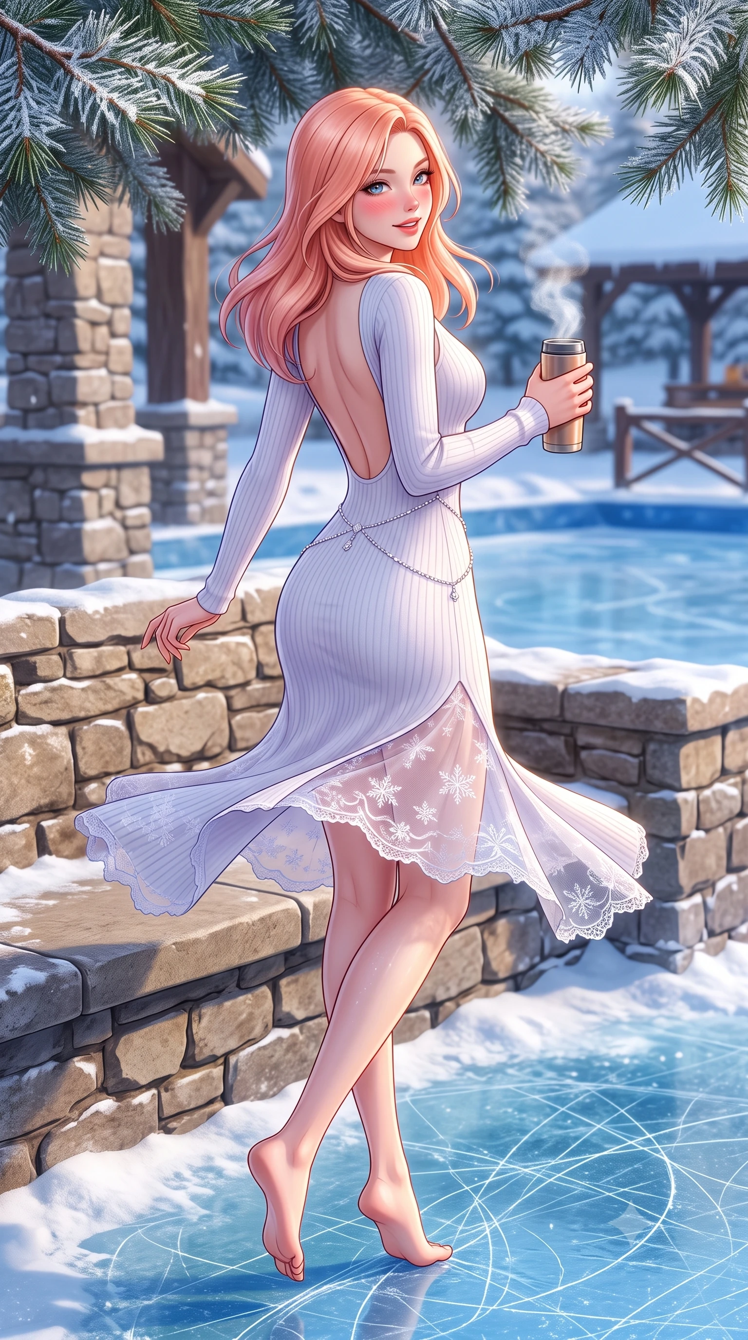 score_9, masterpiece, best quality, ultra-detailed, high-budget anime keyframe, semi-realistic 3D game render, editorial fashion photography, tasteful artistic composition, Japanese woman. low angle full-body shot from head to toe showing her feet, filling the entire 9:16 vertical frame with her statuesque presence, stretching her vertical silhouette. executing a cheerful mid-motion pivot turn as her winter skirt flutters around her slender legs, glancing over her shoulder with an intoxicating, teasing bedroom-gaze while lounging gracefully on an outdoor stone bench with legs crossed, holding a warm thermos mug while casting a captivating bedroom-gaze. The surrounding environment is rendered in vivid detail and crisp panoramic clarity. sharp ice skate blade scratches on clear blue ice, rustic limestone masonry, and pine needle frost details in deep focus. She has an exceptionally tall and slender model-like 8.5-heads proportion, an ultra-slim waist, a flat toned midriff, narrow delicate ribcage, and beautifully sculpted feminine hips creating a graceful, slim hourglass silhouette without any bulky heaviness, with impossibly long slender legs. sharp v-shaped jawline, high-bridge nose, sparkling ice-crystal eyes with depth, frosty thick lashes, glossy parted lips with a rosy berry sheen, bright playful smile with an intoxicating seductive glint, rosy flushed cheeks radiating cozy warmth and dangerous allure, flawlessly proportioned anatomical accuracy, strict slender model proportions, natural body alignment, perfectly sculpted long slender limbs, ultra-slim waistline, clean dynamic posture without body distortion. wearing a form-contouring white ribbed cashmere knit bodycon midi dress with an open-back scoop in soft lavender mist and pearlescent ice, crafted from sheer delicate thermal stretch lace with snowflake floral motifs, accented with a delicate crystal body chain catching the snowy ambient light, the high-waisted tailoring accentuating her ultra-slim waistline and the enchanting curve of her feminine hips with alluring winter charm. illuminated by ice sheet bounce fill and sharp icy-gold rim lighting defining her sculpted collarbones, ultra-slim waist, and curvy hips. highly saturated vibrant anime colors, detailed shading with soft gradients, rich glossy textures, high-contrast stereoscopic depth, volumetric dynamic lighting, master piece, 9:16 ratio