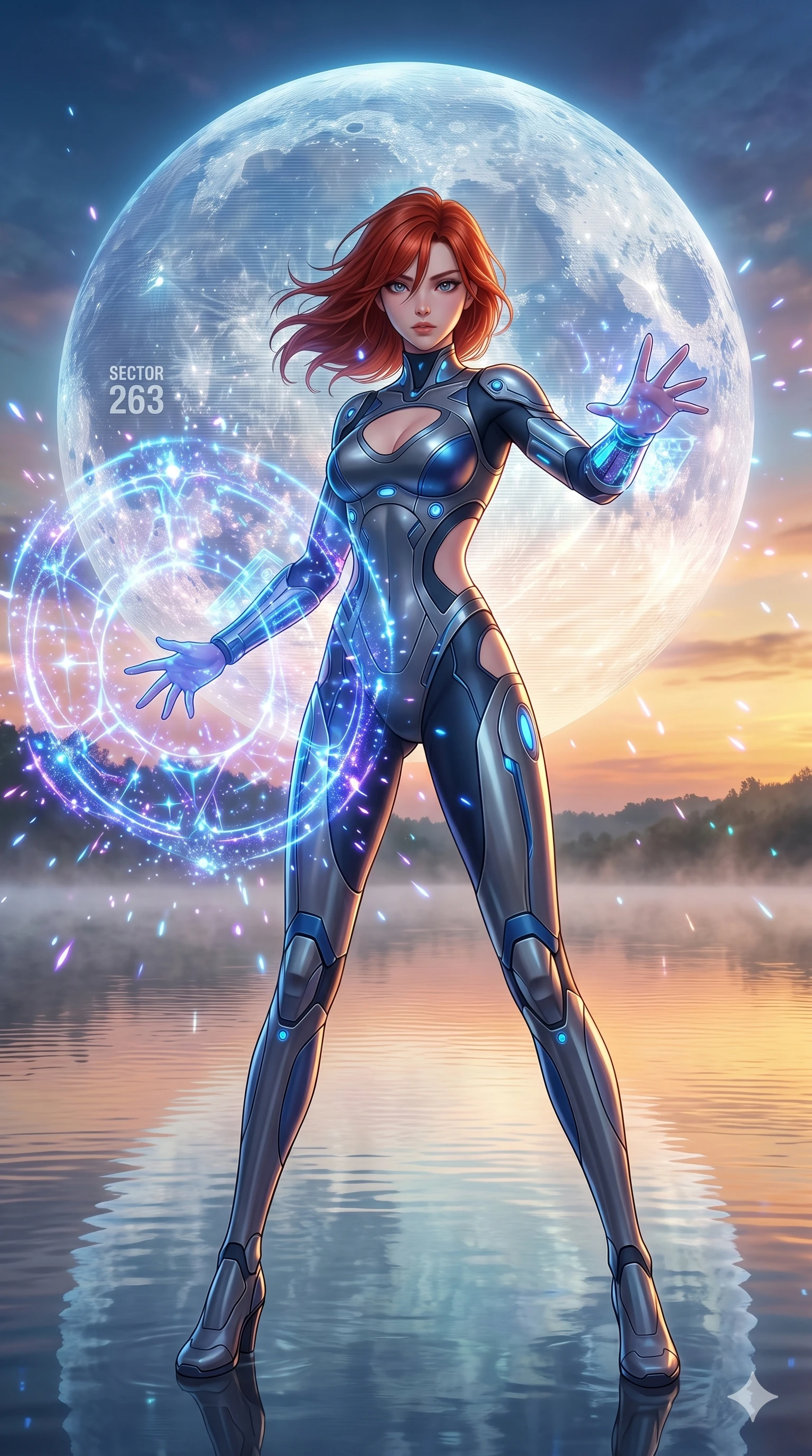 score_9, masterpiece, best quality, ultra-detailed, Set A: High-budget Anime Keyframe, Japanese woman. Low angle cowboy shot filling the entire 9:16 frame with her statuesque presence. Casting a spell through a misty lakeside at dawn, with a massive holographic moon rising behind her marked as sector 263 and surrounded by glowing energy sparks. She has an absolutely perfect 8-heads proportion, an exceptionally tall and slender female figure with impossibly long slender legs and an ultra-slim waist. Sharp v-shaped jawline, high-bridge nose, intricate jewel-like eyes with depth, thick eyelashes, glossy lips with a natural sheen. Wearing Minimalist tech-suit with negative-space cutouts and liquid metal textures. Cinematic lighting, vibrant colors, dramatic shadows, 2k, ultra detail, master piece, 9:16 ratio