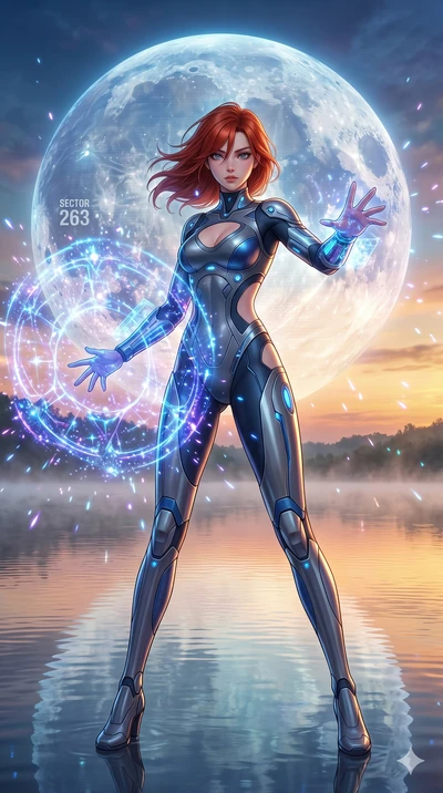 score_9, masterpiece, best quality, ultra-detailed, Set A: High-budget Anime Keyframe, Japanese woman. Low angle cowboy shot filling the entire 9:16 frame with her statuesque presence. Casting a spell through a misty lakeside at dawn, with a massive 