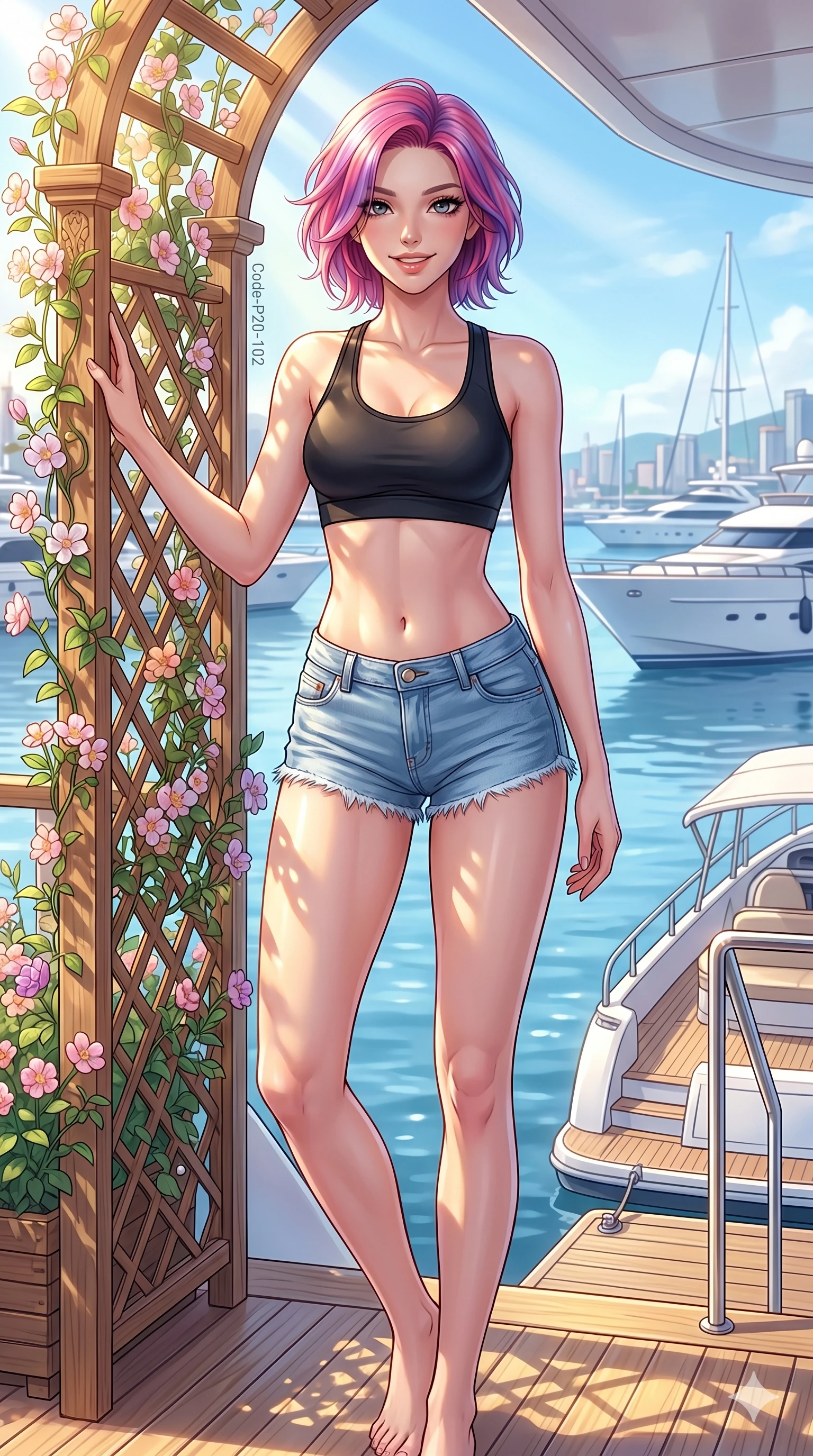 score_9, masterpiece, best quality, ultra-detailed, high-budget anime keyframe, vibrant anime aesthetic, Caucasian woman, strictly human ears. cowboy shot from the thighs up, character and outfit filling the frame for maximum presence. She is posing with a playful, lively grin, leaning one hand against a flower trellis on a private sun-drenched yacht deck in the harbor (Code-P20-102). She has an absolutely perfect 8-heads proportion, an exceptionally tall and slender female figure with impossibly long slender legs and an ultra-slim waist. V-shaped jawline, high-bridge nose, intricate jewel-like eyes with depth, thick eyelashes, glossy lips with a natural sheen. wearing a sports bra paired with denim micro-shorts in the sun. She is bathed in a beautiful contrast of warm yellow sunbeams and cool sky reflections. 2k, ultra detail, master piece, 9:16 ratio