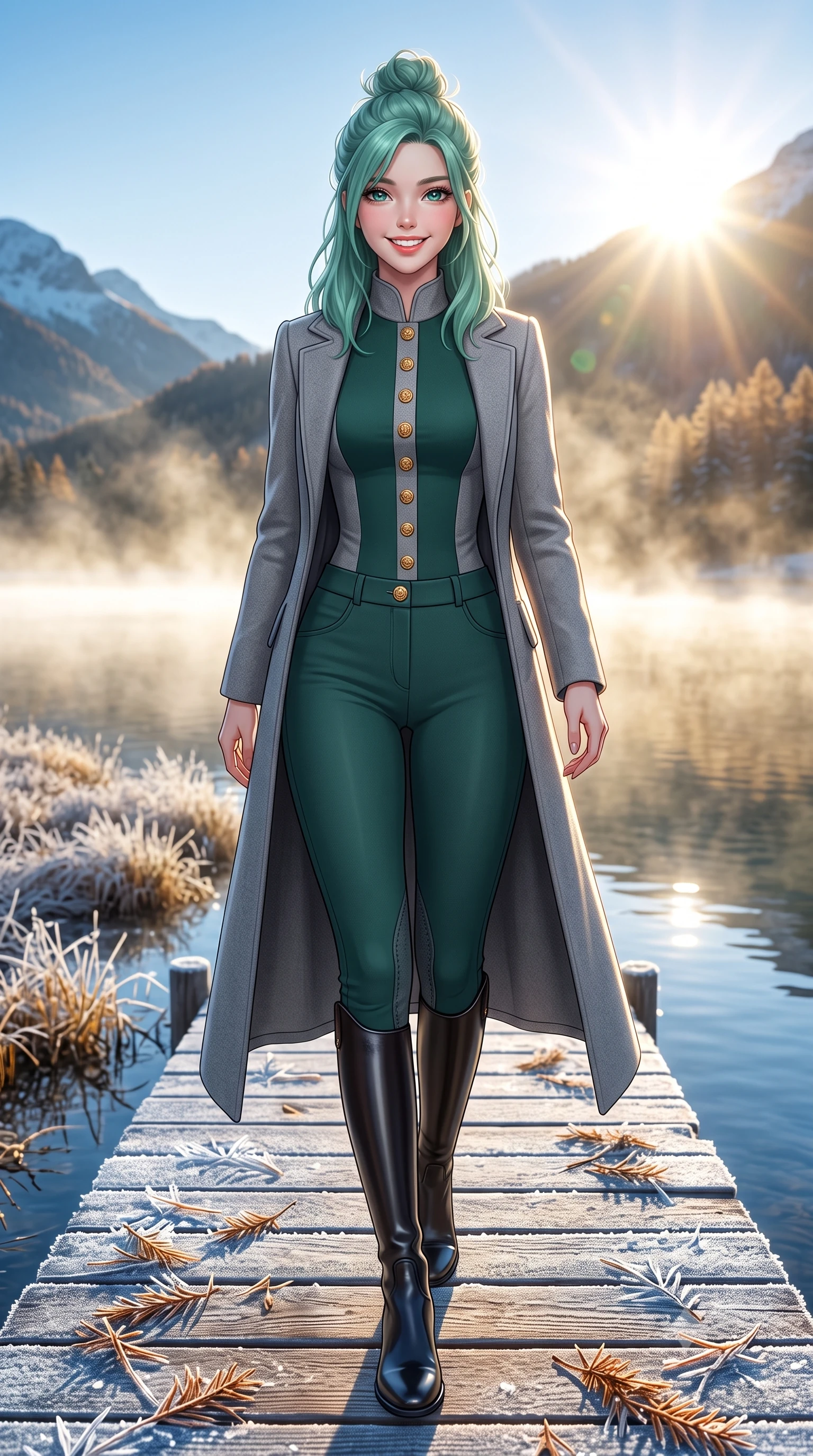 score_9, masterpiece, best quality, ultra-detailed, high-budget anime keyframe, semi-realistic 3D game render, editorial fashion photography, tasteful artistic composition, Japanese woman. low angle full-body shot from head to toe showing her feet, filling the entire 9:16 vertical frame with her statuesque presence, stretching her vertical silhouette. stepping forward in a confident stride, her long slender legs and curvaceous hips creating a dynamic, sweeping vertical line while stepping forward with brisk, graceful strides on the frosted path, her long wool coat creating an impeccably slender vertical line. The surrounding environment is rendered in vivid detail and crisp panoramic clarity: sharp ice crystal needles on wooden boardwalk planks, fallen larch needles, and ripples on glassy water in deep focus. She has an exceptionally tall and slender model-like 8.5-heads proportion, an ultra-slim waist, a flat toned midriff, narrow delicate ribcage, and beautifully sculpted feminine hips creating a graceful, slim hourglass silhouette without any bulky heaviness, with impossibly long slender legs. sharp v-shaped jawline, high-bridge nose, intricate jewel-like sparkling eyes with depth, thick eyelashes, glossy parted lips with a natural peach sheen, bright cheerful beaming smile with an enchanting and coquettish sensual glint, exuding both youthful cute charm and seductive allure, flawlessly proportioned anatomical accuracy, strict slender model proportions, natural body alignment, perfectly sculpted long slender limbs, ultra-slim waistline, clean dynamic posture without body distortion. wearing a form-fitting equestrian stretch bodysuit paired with snug tailored riding breeches and polished knee-high leather boots in St. Moritz pine forest emerald and heather grey, tailored from premium double-knit ponte with sleek sculpting hold and smooth contours, accented with an ornate 24k gold lion-embossed crest button along the snug front closure, the snug waist-cinching tailoring accentuating her ultra-slim waistline and the enchanting curve of her feminine hips with alluring seductive charm. bathed in crisp, sparkling morning sun breaking over mountain crests, illuminating lake mist with ethereal golden backlighting. highly saturated vibrant anime colors, detailed shading with soft gradients, rich glossy textures, high-contrast stereoscopic depth, volumetric dynamic lighting, master piece, 9:16 ratio