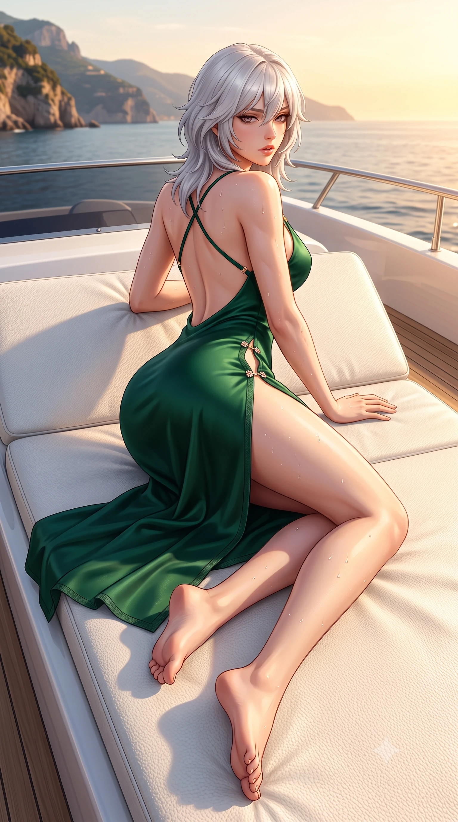 score_9, masterpiece, best quality, ultra-detailed, high-budget anime keyframe, semi-realistic 3D game render, editorial fashion photography, tasteful artistic composition, Japanese woman. low angle full-body shot from head to toe showing her feet, filling the entire 9:16 vertical frame with her statuesque presence, stretching her vertical silhouette. posing with back turned slightly to the lens, glancing back with smoldering allure as she arches her lower back to emphasize her sculpted feminine hips and slender waist while reclining on an outdoor white leather sunbed propped on one elbow, her curvy hips and long slender legs bathed in golden Italian sun. The surrounding environment is rendered in vivid detail and crisp panoramic clarity. detailed knit swimwear texture, water droplet beads on skin, and distant sea horizon in high clarity. She has an exceptionally tall and slender model-like 8.5-heads proportion, an ultra-slim waist, a flat toned midriff, narrow delicate ribcage, and beautifully sculpted feminine hips creating a graceful, slim hourglass silhouette without any bulky heaviness, with impossibly long slender legs. sharp v-shaped jawline, high-bridge nose, intricate jewel-like eyes with depth, thick eyelashes, glossy parted lips with a natural sheen, intensely captivating and seductive bedroom-eyes expression, flawlessly proportioned anatomical accuracy, strict slender model proportions, natural body alignment, perfectly sculpted long slender limbs, ultra-slim waistline, clean dynamic posture without body distortion. wearing a backless cowl-neck satin slip dress featuring high-cut side hip slits and delicate criss-cross back straps in deep emerald green satin and gold hardware, tailored from water-resistant treated wool gabardine and flexible stretch silk, finished with an ultra-high side slit secured by miniature jeweled clasps, the precision-cut side openings and low-back scoop framing her graceful spine and the sensual sweep of her slim, toned hips. bathed in glorious golden hour Mediterranean sunset backlighting and warm white boat deck bounce fill. highly saturated vibrant anime colors, detailed shading with soft gradients, rich glossy textures, high-contrast stereoscopic depth, volumetric dynamic lighting, master piece, 9:16 ratio