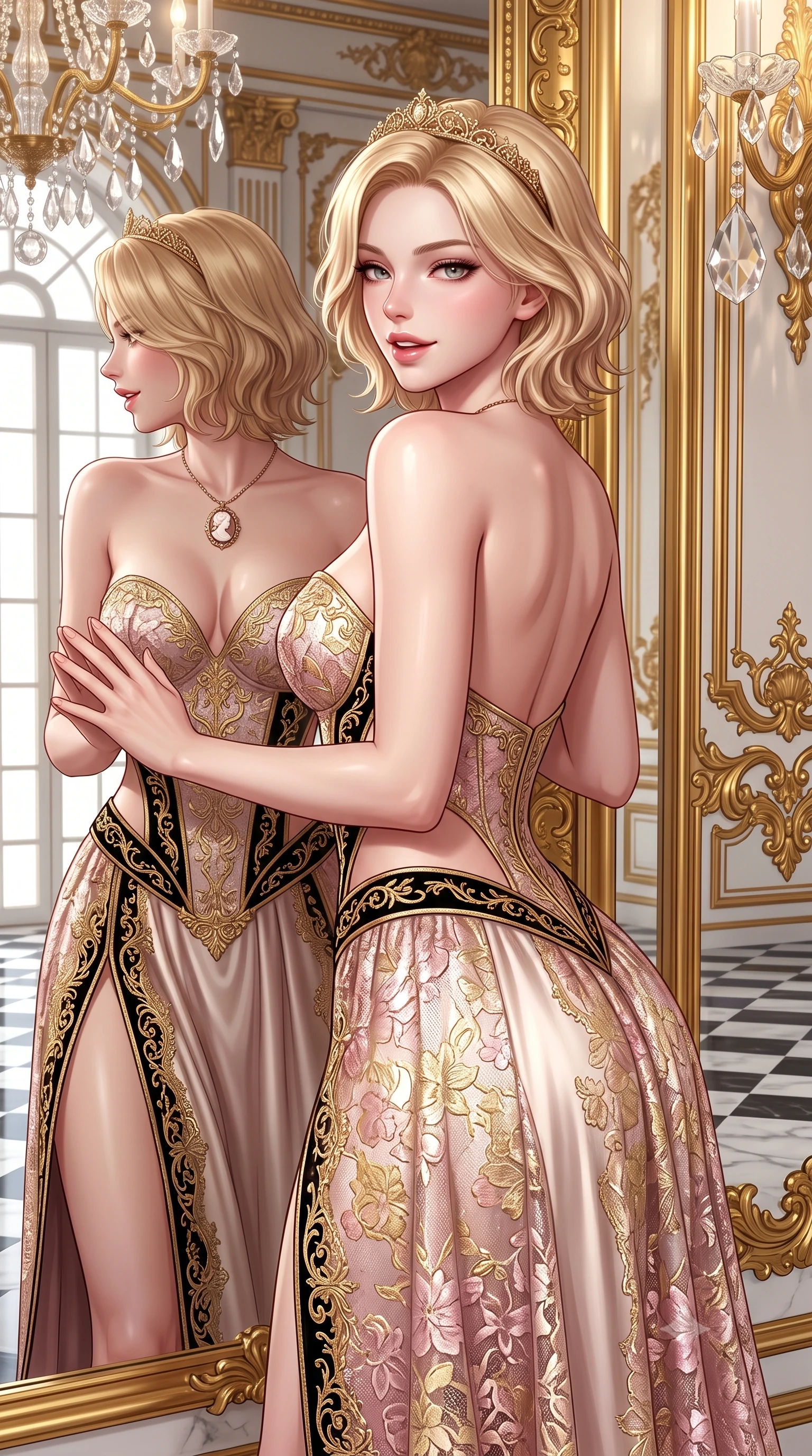 score_9, masterpiece, best quality, ultra-detailed, high-budget anime keyframe, semi-realistic 3D game render, editorial fashion photography, tasteful artistic composition, Caucasian woman. close-up cowboy shot from the waist and thighs up, the character dominates the composition, filling the frame with her large presence. turning over a bare shoulder with an intoxicating, teasing smile, her soft hair framing her sharp jawline as her hips angle gracefully while resting both hands against a colossal gilded mirror panel with lower back arched, glancing over her shoulder at her own reflection with parted glossy lips. The surrounding environment is rendered in vivid detail and crisp panoramic clarity. sharp gilded rococo scrollwork, cut crystal chandelier facets, and checkerboard marble floor reflections in deep focus. She has an exceptionally elegant, slender, and willowy female figure with an ultra-slim waist, a gracefully sculpted slender torso, toned flat midriff, and rounded feminine hips creating an alluring hourglass silhouette. sharp v-shaped jawline, high-bridge nose, intricate jewel-like eyes with depth, thick eyelashes, glossy parted lips with a natural sheen, intensely captivating and seductive bedroom-eyes expression, flawlessly proportioned anatomical accuracy, strict slender model proportions, natural body alignment, perfectly sculpted long slender limbs, ultra-slim waistline, clean dynamic posture without body distortion. wearing an opulent rococo pastel silk corseted gown with a plunging sweetheart neckline and gathered high-slit skirt in high-contrast black velvet and gold filigree, formed from shimmering floral French lace over smooth opaque silk lining, complemented by a delicate golden tiara headband and carved cameo pendant, the precision-cut side openings and low-back scoop framing her graceful spine and the sensual sweep of her hips. surrounded by an aristocratic, scandalous, and breathlessly mesmerizing imperial duchess aura. highly saturated vibrant anime colors, detailed shading with soft gradients, rich glossy textures, high-contrast stereoscopic depth, volumetric dynamic lighting, master piece, 9:16 ratio