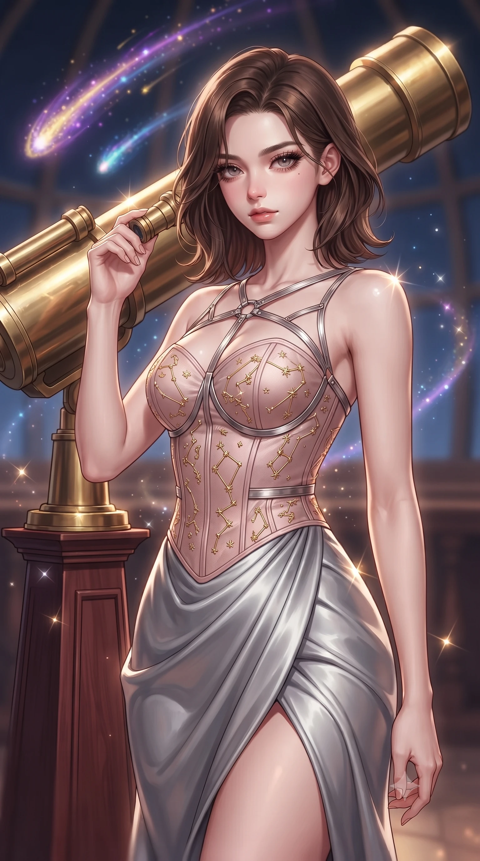 score_9, masterpiece, best quality, ultra-detailed, high-budget anime keyframe, editorial fashion photography, tasteful artistic composition, Korean woman. close-up cowboy shot from the waist and thighs up, the character dominates the composition, filling the frame with her large presence, background elements kept in soft focus. Casting a slow, direct gaze beneath heavy lashes with quiet intensity, standing before a massive brass telescope tracking glowing comet dust trails, polished brass telescope and mahogany furniture glinting under key light. She has an exceptionally elegant, slender, and willowy female figure with an ultra-slim waist, a gracefully sculpted slender torso, and a refined silhouette. sharp v-shaped jawline, high-bridge nose, intricate jewel-like eyes with depth, thick eyelashes, glossy lips with a natural sheen. wearing modern fusion white hanbok dress with structured gold-embroidered bodice in soft blush pink, made of liquid mercury jersey, highlighted by a platinum metallic harness structure, sculpting her athletic slender build with refined precision. surrounded by a glowing starlight aura with sharp specular highlights. highly saturated vibrant anime colors, detailed shading with soft gradients, rich glossy textures, high-contrast stereoscopic depth, volumetric dynamic lighting, master piece, 9:16 ratio