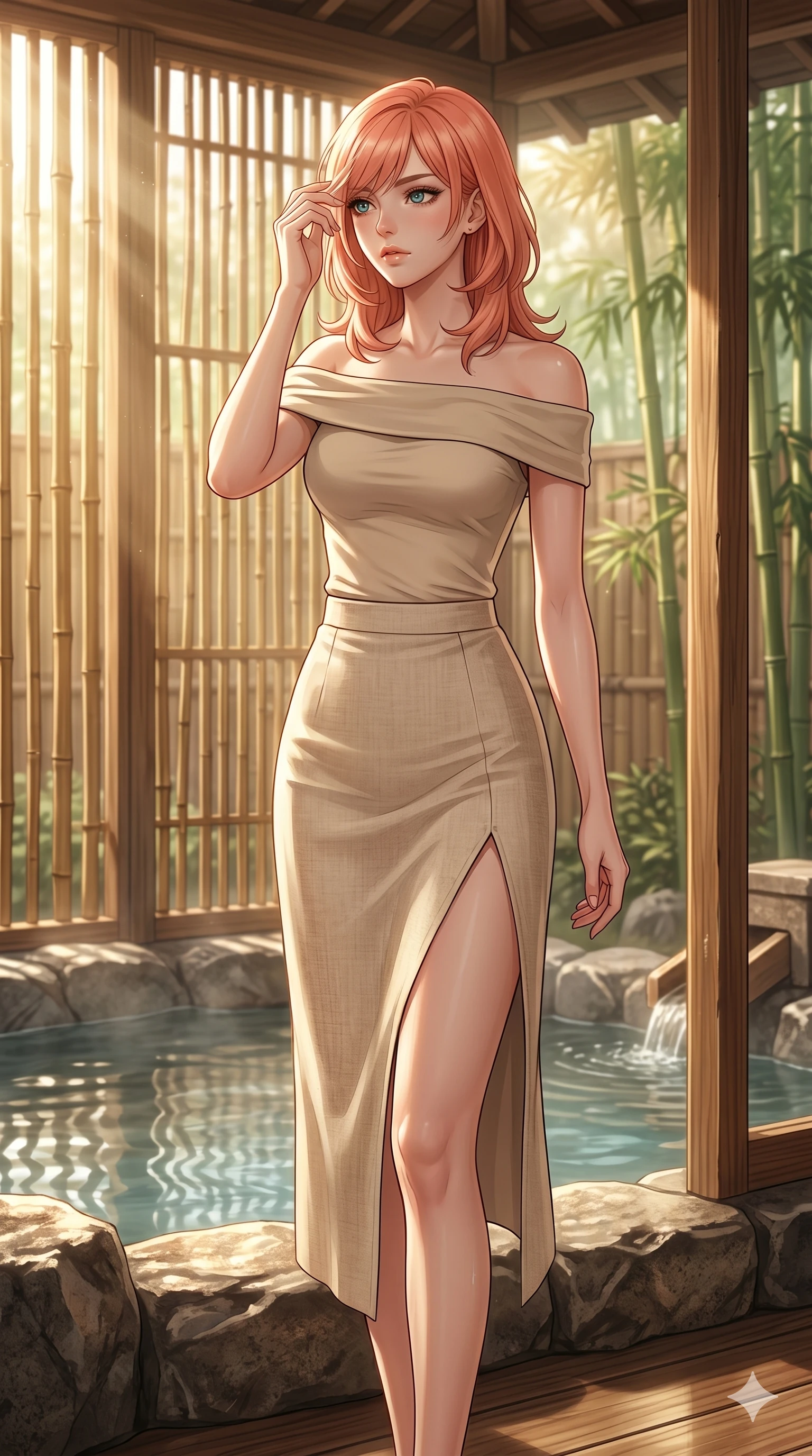 score_9, masterpiece, best quality, ultra-detailed, high-budget anime keyframe, editorial fashion photography, tasteful artistic composition, Japanese woman. cowboy shot from the thighs up, character and outfit filling the frame for maximum editorial presence. wiping a lock of hair from her forehead, her expression cool and contemplative as she turns her head in a private hot spring pavilion with warm sunlight filtering through bamboo partitions (Code-P019). She has an absolutely perfect 8-heads proportion, an exceptionally tall and slender female figure with impossibly long slender legs and an ultra-slim waist. V-shaped jawline, high-bridge nose, intricate jewel-like eyes with depth, thick eyelashes, glossy lips with a natural sheen. wearing a beige off-shoulder top showing her elegant clavicle lines, and a split linen skirt. bathed in soft morning sunbeams flowing into the room, creating a bright, glowing atmosphere. 2k, ultra detail, master piece, 9:16 ratio
