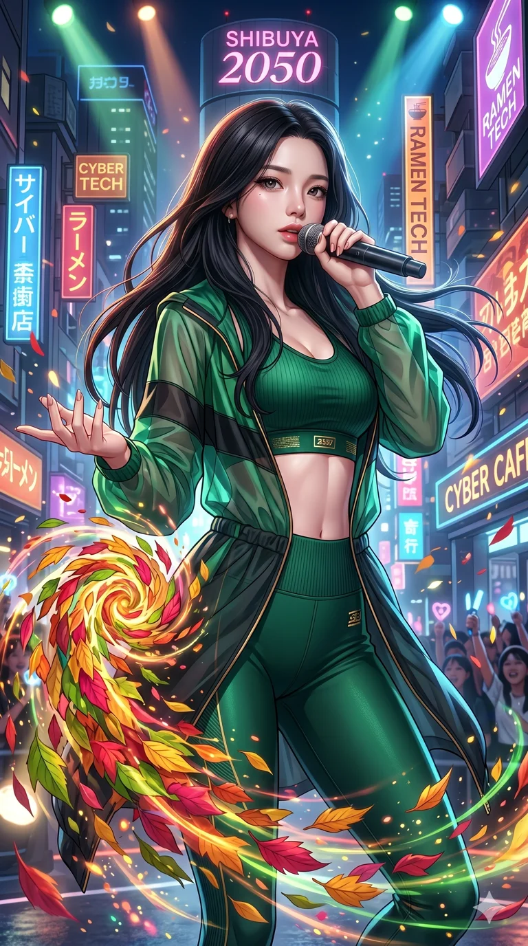 score_9, masterpiece, best quality, ultra-detailed, High-budget Anime Keyframe, beautiful Japanese anime girl. Upper body close-up from the thighs up, character filling the screen for maximum presence. Summoning a vortex of colorful leaves in a futuristic Tokyo street with neon signs. She has an absolutely perfect 8-heads proportion, an exceptionally tall and slender female figure with impossibly long slender legs and an ultra-slim waist. Sharp v-shaped jawline, high-bridge nose, intricate jewel-like eyes with depth, thick eyelashes, glossy lips with a natural sheen. Wearing a Premium Athleisure outfit: emerald ribbed sports bra and leggings set, sheer windbreaker, sleek high-performance activewear. Background is a bright and colorful environment with cinematic lighting, dynamic particle effects, and high-contrast shadows. 2k, ultra detail, master piece, 9:16 ratio