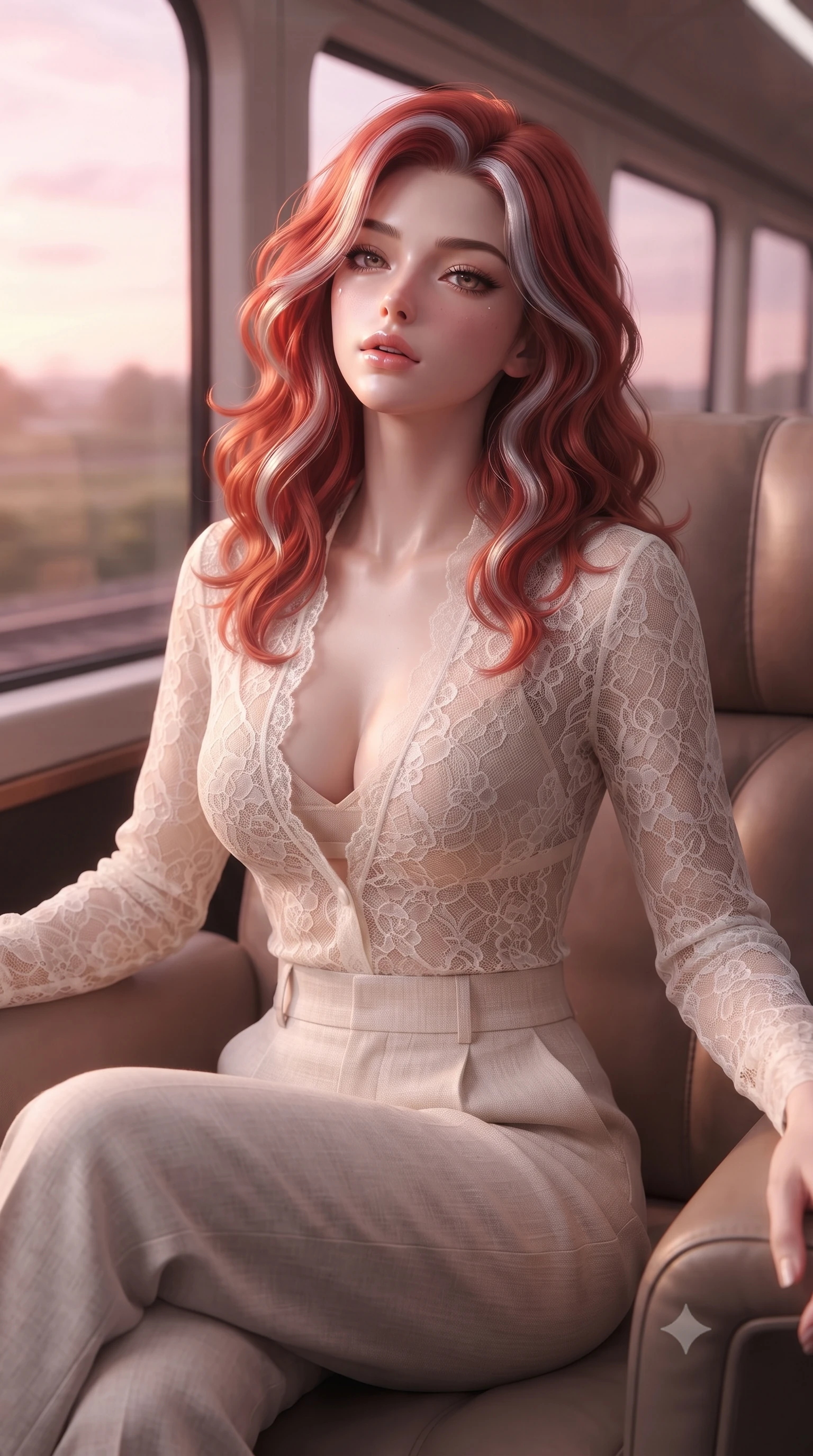 score_9, masterpiece, best quality, ultra-detailed, high-budget anime keyframe, editorial fashion photography, tasteful artistic composition, Caucasian woman. close-up cowboy shot from the waist and thighs up, the character dominates the composition, filling the frame with her large presence, background elements kept in soft focus. tilting her chin up slightly with lips parted in a composed, provocative expression the background shows a soft-focus a panoramic rail observation deck with comfortable leather lounge seats. She has an exceptionally elegant, slender, and willowy female figure with an ultra-slim waist, a gracefully sculpted slender torso, and a refined silhouette. sharp v-shaped jawline, high-bridge nose, intricate jewel-like eyes with depth, thick eyelashes, glossy lips with a natural sheen. wearing a form-contouring sheer lace blouse in ivory white, worn over a simple beige bralette and high-waisted linen trousers. soft pink and amber sunset glow painting the cabin in a romantic wash. ultra-reflective glossy finish, specular highlights, metallic sheen, high-contrast stereoscopic depth, volumetric dynamic lighting, 2k, ultra detail, master piece, 9:16 ratio