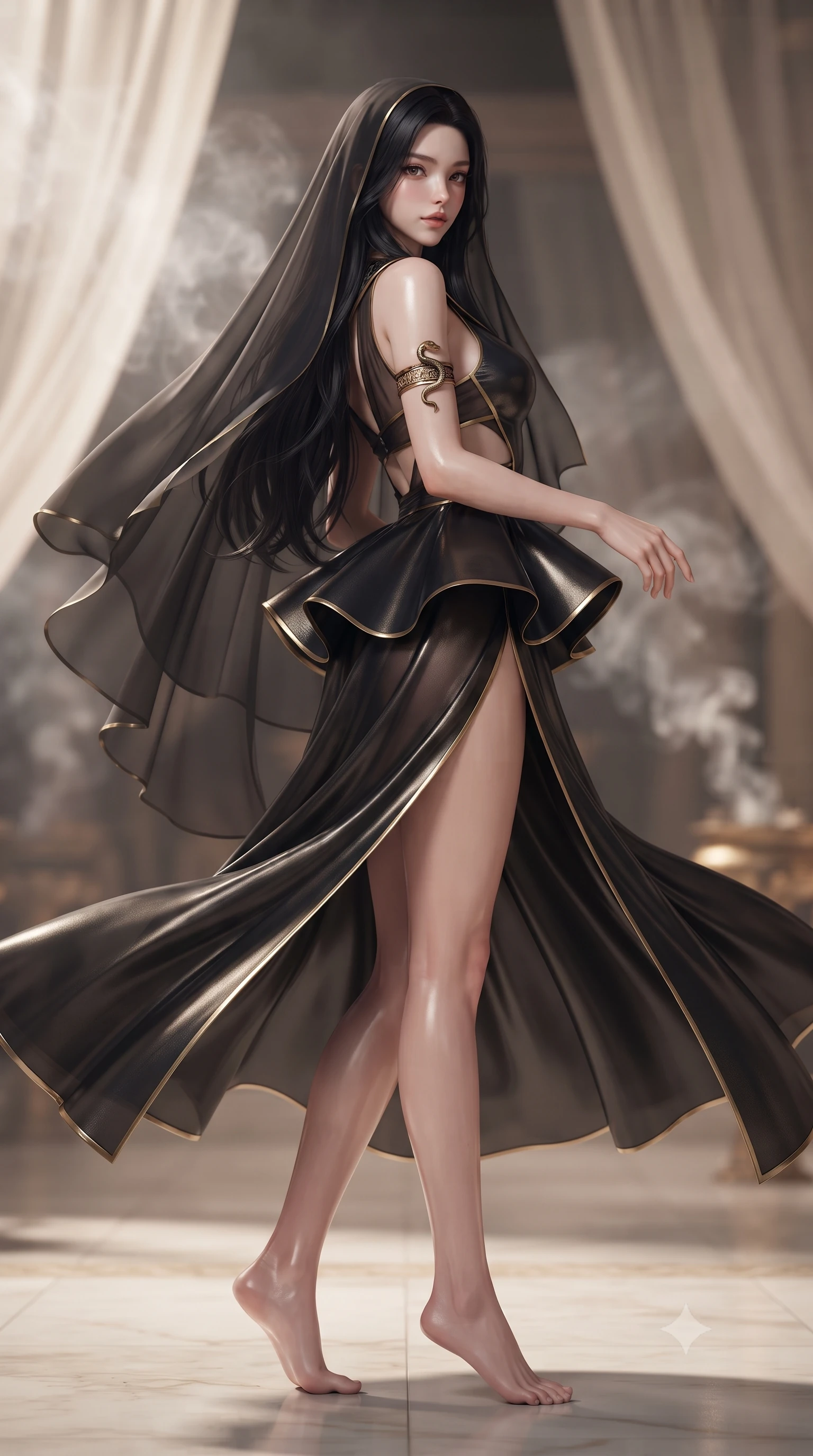 score_9, masterpiece, best quality, ultra-detailed, high-budget anime keyframe, editorial fashion photography, tasteful artistic composition, Korean woman. low angle full-body shot from head to toe showing her feet, filling the entire 9:16 vertical frame with her statuesque presence, stretching her vertical silhouette. executing an elegant mid-motion pivot turn as garments swirl around her slender limbs, glancing over her shoulder with an intoxicating bedroom-gaze while pivoting gracefully on the polished alabaster temple floor, her sheer pleated gold drapery swirling around her statuesque hips and long legs. The composition keeps background elements in soft focus with creamy bokeh. swirling myrrh incense smoke and translucent linen canopy drapes softened in regal shallow depth of field. She has an absolutely perfect, statuesque 8.5-heads proportion, an exceptionally tall and slender model-like female figure with impossibly long slender legs, a toned flat midriff, an ultra-slim waist, and beautifully sculpted feminine hips. sharp v-shaped jawline, high-bridge nose, intricate jewel-like eyes with depth, thick eyelashes, glossy parted lips with a natural sheen, intensely captivating and seductive bedroom-eyes expression, flawlessly proportioned anatomical accuracy, strict slender model proportions, natural body alignment, perfectly sculpted long slender limbs, ultra-slim waistline, clean dynamic posture without body distortion. wearing a structural geometric peplum gown with sheer side-ribbon cutouts and form-fitting skirt in deep obsidian black and metallic gold trim, crafted from liquid-smooth metallic lamé that shifts radiance with every step, accessorized with an engraved brass serpent armlet and sweeping sheer chiffon veil, the form-contouring material adhering flawlessly to her sculpted flat midriff and slender torso, emphasizing her long leg lines and perfectly proportioned willowy build. surrounded by a sovereign, divine, and breathlessly mesmerizing Nile queen aura. ultra-reflective glossy finish, specular highlights, rich textural contrasts, high-contrast stereoscopic depth, volumetric dynamic lighting, 2k, ultra detail, master piece, 9:16 ratio
