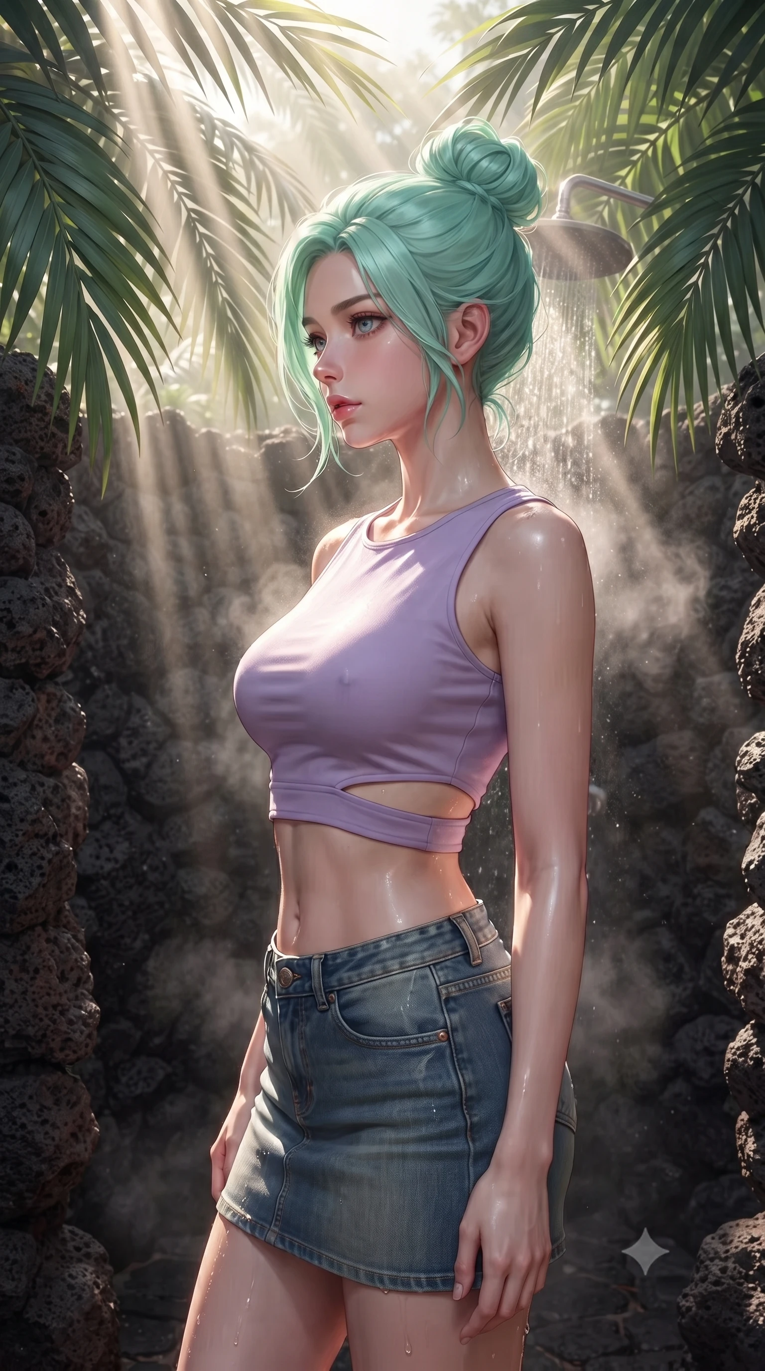 score_9, masterpiece, best quality, ultra-detailed, high-budget anime keyframe, editorial fashion photography, tasteful artistic composition, Japanese woman woman. close-up cowboy shot from the waist and thighs up, the character dominates the composition, filling the frame with her large presence, background elements kept in soft focus. turning her face in sharp profile, casting a cold, mysterious, yet intensely alluring side gaze, the background shows a soft-focus a private outdoor shower built of volcanic rocks, surrounded by large palm leaves. She has an exceptionally elegant, slender, and willowy female figure with an ultra-slim waist, a gracefully sculpted slender torso, and a refined silhouette. sharp v-shaped jawline, high-bridge nose, intricate jewel-like eyes with depth, thick eyelashes, glossy lips with a natural sheen. wearing a tailored modern crop top in lavender cotton paired with a low-rise denim skirt and a subtle waist cut-out. sun rays slicing through the palm fronds, creating dramatic volumetric shafts of light. ultra-reflective glossy finish, specular highlights, metallic sheen, high-contrast stereoscopic depth, volumetric dynamic lighting, 2k, ultra detail, master piece, 9:16 ratio