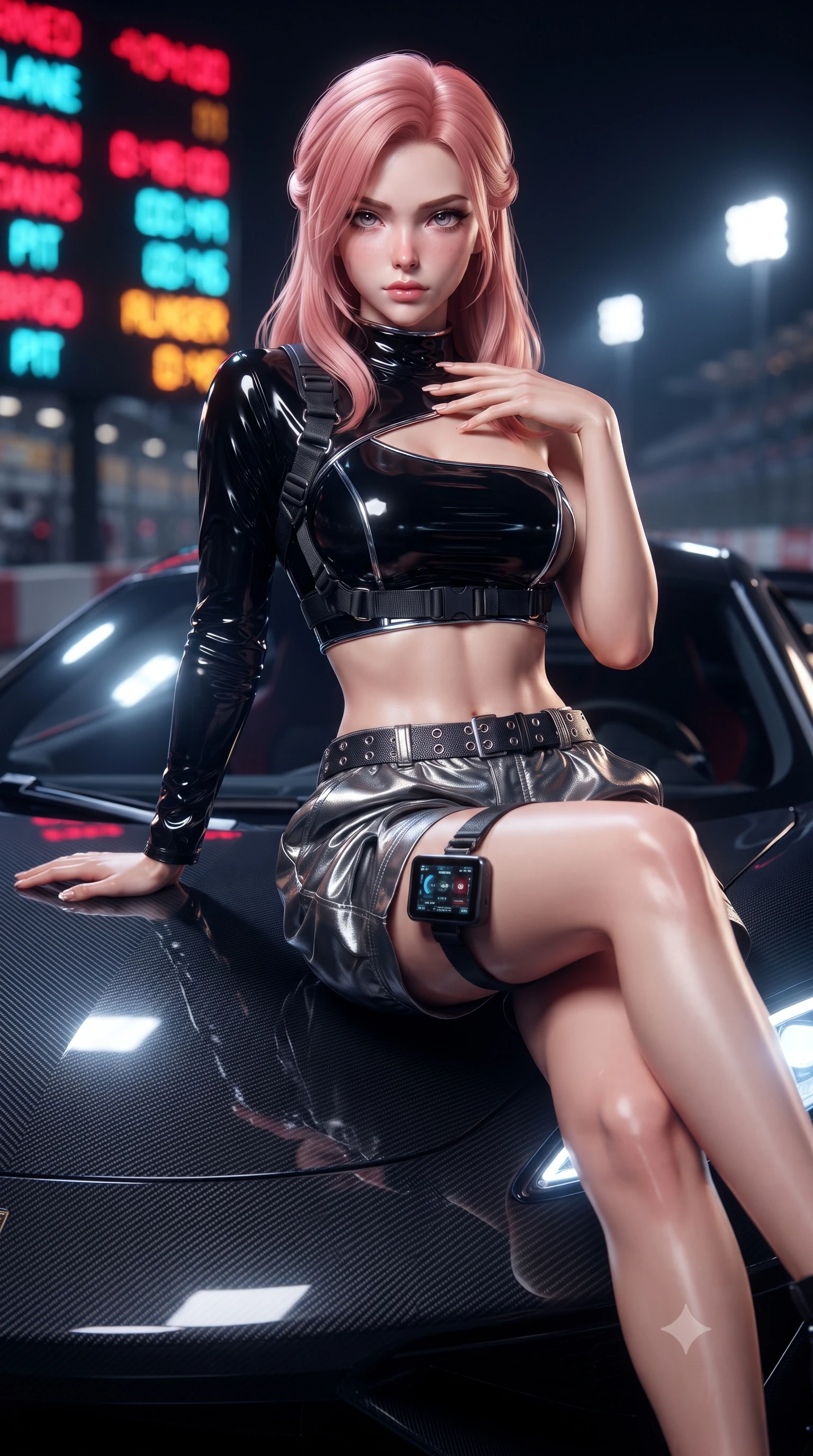 score_9, masterpiece, best quality, ultra-detailed, high-budget anime keyframe, editorial fashion photography, tasteful artistic composition, Japanese woman. close-up cowboy shot from the waist and thighs up, the character dominates the composition, filling the frame with her large presence. resting one manicured hand delicately on her bare collarbone, her upper body twisting in a fluid, voluptuous yet slender curve while sitting poised on the glossy carbon-fiber hood of a midnight hypercar, one leg extended and torso angled back with seductive confidence. The composition keeps background elements in soft focus with creamy bokeh. flashing neon pitlane status boards and distant crowd stadium lights blurred into blazing crimson, electric cyan, and amber bokeh. She has an exceptionally elegant, slender, and willowy female figure with an ultra-slim waist, a gracefully sculpted slender torso, toned flat midriff, and a refined slim silhouette. sharp v-shaped jawline, high-bridge nose, intricate jewel-like eyes with depth, thick eyelashes, glossy parted lips with a natural sheen, intensely captivating and seductive expression, flawlessly proportioned anatomical accuracy, strict slender model proportions, natural body alignment, perfectly sculpted long slender limbs, ultra-slim waistline, clean dynamic posture without body distortion. wearing an asymmetric single-sleeve moto crop top paired with baggy metallic parachute trousers and grommet belt in pitch-black vinyl and specular chrome trim, tailored from supple second-skin lambskin leather adhering to her curves, equipped with a sleek thigh-mounted telemetry display and tactical harness, the sleek tactical cut tightly hugging her graceful clavicle, narrow waist, and athletic curves with statuesque precision. bathed in high-intensity xenon hypercar headlights and neon pitlane floodlights. ultra-reflective glossy finish, specular highlights, rich textural contrasts, high-contrast stereoscopic depth, volumetric dynamic lighting, 2k, ultra detail, master piece, 9:16 ratio