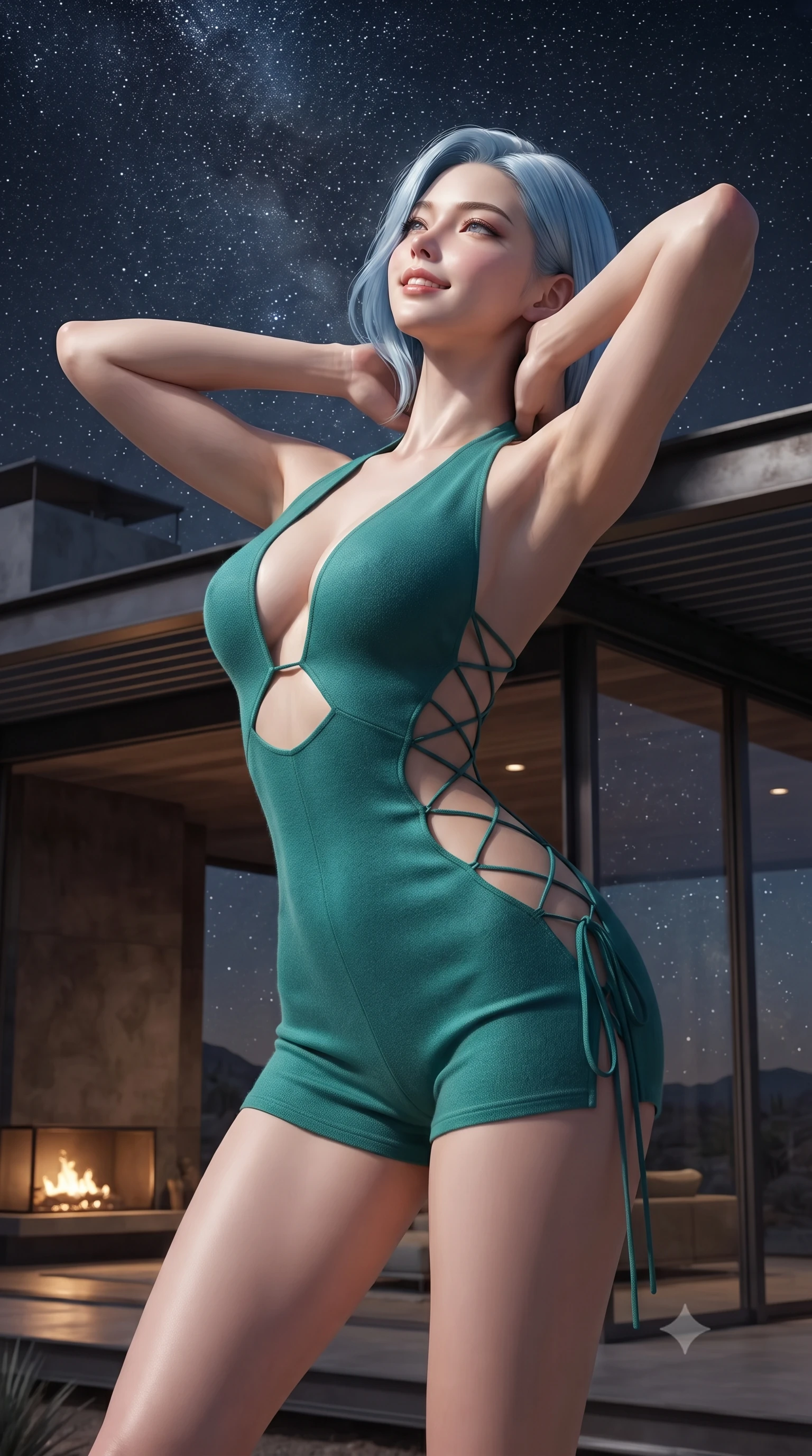 score_9, masterpiece, best quality, ultra-detailed, high-budget anime keyframe, editorial fashion photography, tasteful artistic composition, Korean woman. close-up cowboy shot from the waist and thighs up, the character dominates the composition, filling the frame with her large presence. resting both hands lightly behind her neck with elbows raised, arching her spine to highlight her narrow waist, flat midriff, and breathtaking collarbones while leaning against the horizontal steel cantilever beam with hips cocked back, looking into the vast starry sky with heavy-lidded bedroom-eyes. The surrounding environment is rendered in vivid detail and crisp panoramic clarity: detailed garment tailoring, bodycon or sheer fit, and desert modernist engineering in razor-sharp precision. She has an exceptionally elegant, slender, and willowy female figure with an ultra-slim waist, flat toned midriff, narrow ribcage, and sculpted feminine hips creating an alluring, slim hourglass silhouette without bulk. sharp v-shaped jawline, high-bridge nose, intricate jewel-like sparkling eyes with depth, thick eyelashes, glossy parted lips with a natural peach sheen, bright cheerful beaming smile with an enchanting and coquettish sensual glint, exuding both youthful cute charm and seductive allure, flawlessly proportioned anatomical accuracy, strict slender model proportions, natural body alignment, perfectly sculpted long slender limbs, ultra-slim waistline, clean dynamic posture without body distortion. wearing a daring low-cut halterneck romper with exposed midriff and strappy hip cutouts in Verdon canyon emerald turquoise and dewy alabaster, crafted from bespoke double-faced cashmere with an exceptionally soft tactile finish, featuring fine criss-cross lace-up side ties revealing tantalizing glimpses of her hip curve, the glove-like clinging cut tightly following the natural contour of her hips and long slender legs with youthful 8.5-heads elegance. bathed in the brilliant silver starlight of the unpolluted Mojave sky contrasted with warm 2200K interior fireplace glows. ultra-reflective glossy finish, specular highlights, rich textural contrasts, high-contrast stereoscopic depth, volumetric dynamic lighting, 2k, ultra detail, master piece, 9:16 ratio
