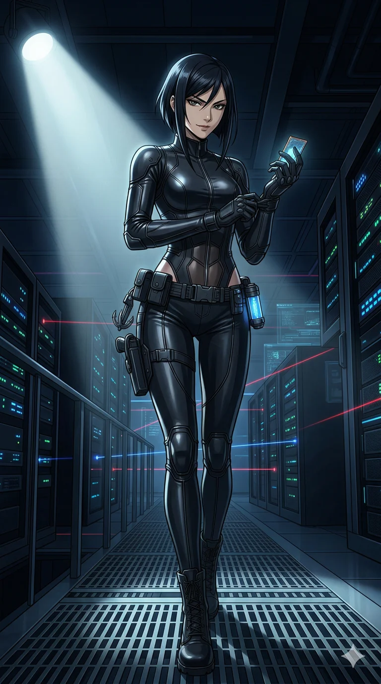 score_9, masterpiece, best quality, ultra-detailed, semi-realistic high-budget anime keyframe, an incredibly beautiful Japanese woman. Low angle cowboy shot filling the frame. She is a phantom thief who specializes in digital artifacts, caught in the beam of a security spotlight. She has an absolutely perfect 8-heads proportion, an exceptionally tall and slender female figure with impossibly long legs. Her face is a highly detailed masterpiece with raven black hair and sharp features. She is wearing a skin-tight glossy leather catsuit, midriff exposed with a tactical belt, highlighting her alluring silhouette. High-tech vault background with laser grids, dramatic rim lighting, cinematic shadows, 2k, ultra detail, master piece, 9:16 ratio