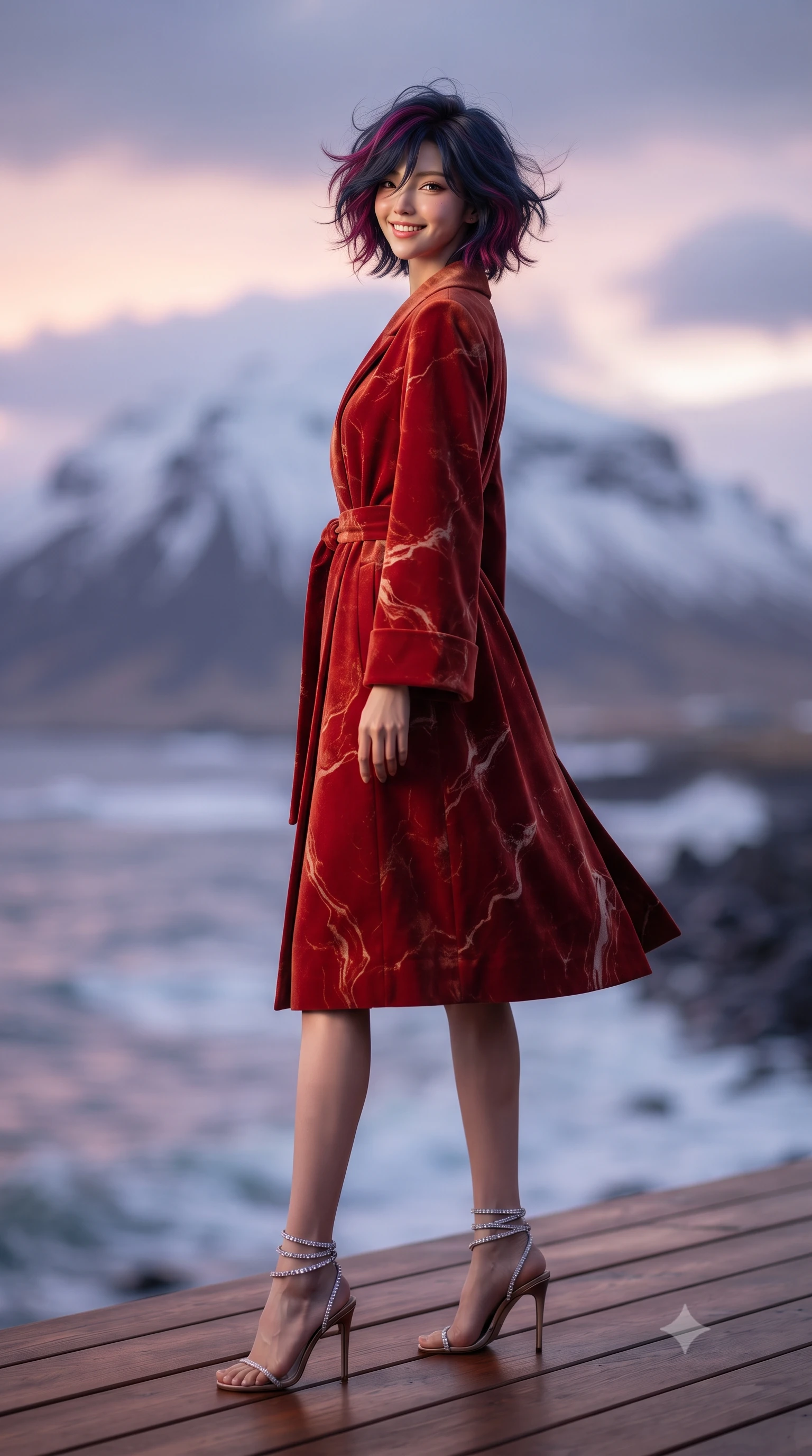 score_9, masterpiece, best quality, ultra-detailed, high-budget anime keyframe, editorial fashion photography, tasteful artistic composition, Korean woman. low angle full-body shot from head to toe showing her feet, filling the entire 9:16 vertical frame with her statuesque presence, stretching her vertical silhouette. posing in a classic haute-couture S-curve stance beside the floor-to-ceiling window, looking over a bare shoulder with magnetic presence while standing poised on the aromatic red cedar deck cantilevered over the foaming Arctic ocean, arching her spine with wet-look siren charisma as sea breezes toss her hair. The background shows a soft-focus snow-capped volcanic glacier peak of Snæfellsjökull under midnight sun pastel clouds, pounding Arctic ocean waves, blurred into rose, lavender, and obsidian bokeh. She has an exceptionally tall and slender model-like 8.5-heads proportion, an ultra-slim waist, a flat toned midriff, narrow delicate ribcage, and beautifully sculpted feminine hips creating a graceful, slim hourglass silhouette without any bulky heaviness, with impossibly long slender legs. sharp v-shaped jawline, high-bridge nose, intricate jewel-like sparkling eyes with depth, thick eyelashes, glossy parted lips with a natural peach sheen, bright cheerful beaming smile with an enchanting and coquettish sensual glint, exuding both youthful cute charm and seductive allure, flawlessly proportioned anatomical accuracy, strict slender model proportions, natural body alignment, perfectly sculpted long slender limbs, ultra-slim waistline, clean dynamic posture without body distortion. wearing a bespoke Japanese minimalist silk kimono-collar structured trench coat with obi sash belt in Cordoba vermilion red and ivory alabaster marble, tailored from ultra-plush silk velvet with rich tactile depth and deep shadow gradients, complemented by strappy stiletto sandals with crystal ankle wraps accentuating her slender calves, the impeccably tailored cut draping gracefully along her slender figure with aristocratic poise. bathed in warm 2200K interior sauna amber glows spilling through glass mixed with cool Arctic twilight. ultra-reflective glossy finish, specular highlights, rich textural contrasts, high-contrast stereoscopic depth, volumetric dynamic lighting, 2k, ultra detail, master piece, 9:16 ratio