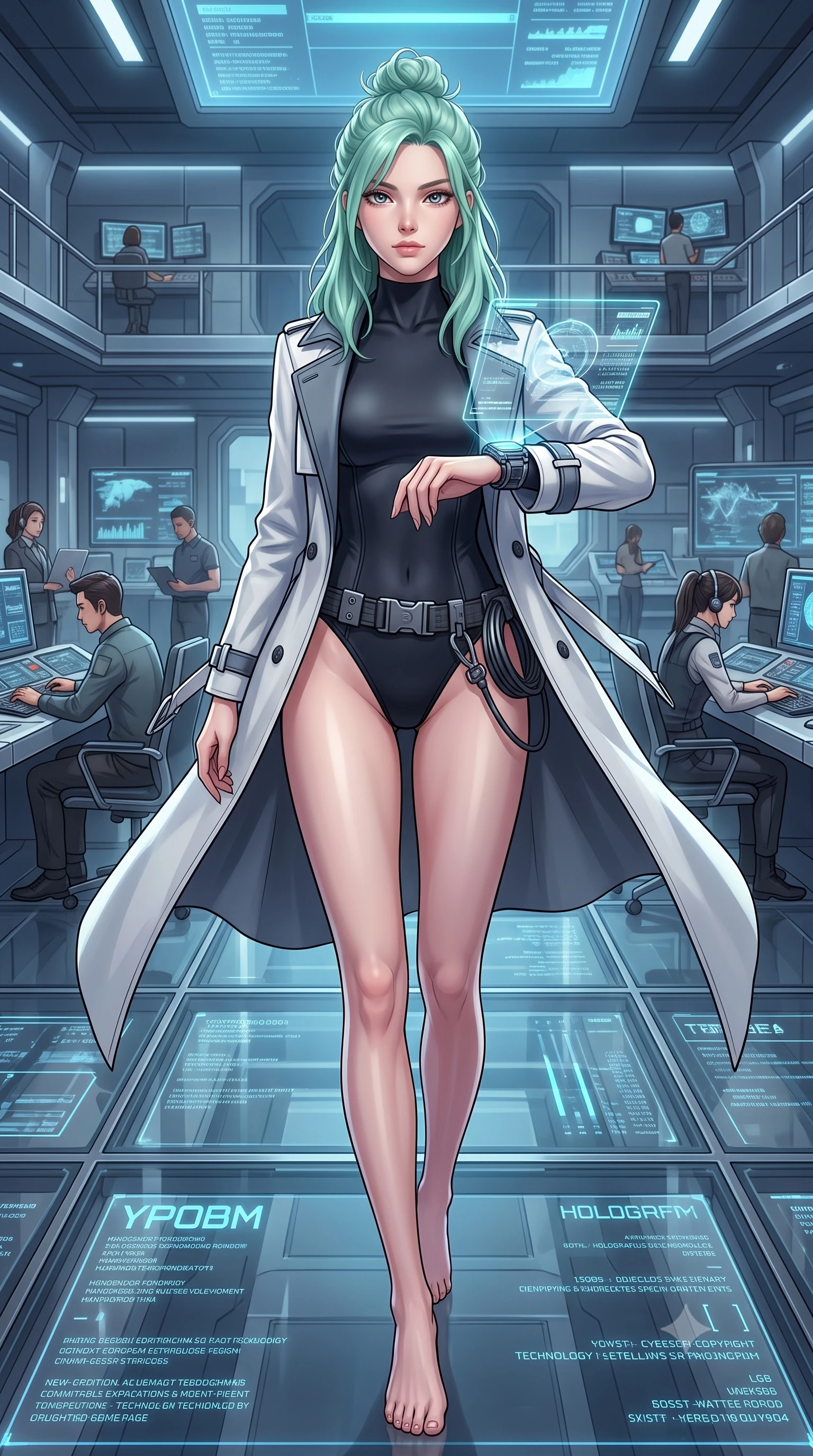 score_9, masterpiece, best quality, ultra-detailed, high-budget anime keyframe, semi-realistic 3D game render, editorial fashion photography, tasteful artistic composition, Japanese woman. low angle full-body shot from head to toe showing her feet, filling the entire 9:16 vertical frame with her statuesque presence, stretching her vertical silhouette. stepping forward gracefully in mid-motion, displaying her toned flat midriff and flawlessly sculpted slender limbs while arching her spine in a fluid stretch while reviewing encrypted satellite telemetry data with a calm, intellectual expression. The surrounding environment is rendered in vivid detail and crisp panoramic clarity. crystal-clear transparent glass floor panels, glowing holographic typography, and chrome furniture joints in deep focus. She has an absolutely perfect, statuesque 8.5-heads proportion, an exceptionally tall and slender model-like female figure with impossibly long slender legs, a toned flat midriff, and an ultra-slim waist. sharp v-shaped jawline, high-bridge nose, intricate jewel-like eyes with depth, thick eyelashes, glossy lips with a natural sheen, captivating and magnetic expression, flawlessly proportioned anatomical accuracy, strict slender model proportions, natural body alignment, perfectly sculpted long slender limbs, ultra-slim waistline, clean dynamic posture without body distortion. wearing a matte-black aerodynamic stealth leotard worn under an open tailored double-breasted spy trench in winter stealth arctic white and slate grey, crafted from matte cybernetic vinyl with concealed magnetic locks, equipped with a grappling cable spool mechanism and tactical waist belt, the liquid-tight tailored fabric emphasizing every curve of her tall, slender model proportions and sculptured silhouette during dynamic movement. surrounded by a mastermind, elite, and dangerously seductive intelligence director aura. highly saturated vibrant anime colors, detailed shading with soft gradients, rich glossy textures, high-contrast stereoscopic depth, volumetric dynamic lighting, master piece, 9:16 ratio
