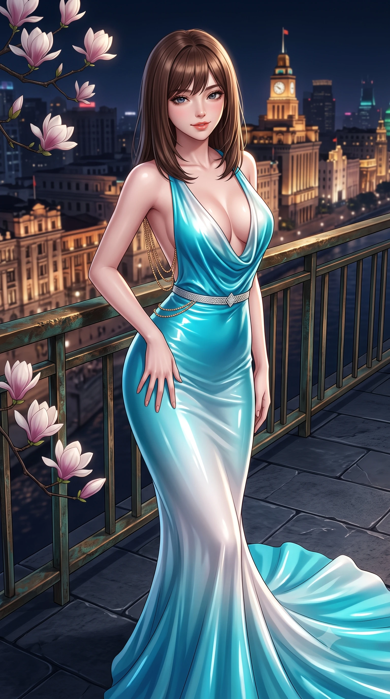 score_9, masterpiece, best quality, ultra-detailed, high-budget anime keyframe, semi-realistic 3D game render, editorial fashion photography, tasteful artistic composition, Korean woman. close-up cowboy shot from the waist and thighs up, the character dominates the composition, filling the frame with her large presence. tilting her head with a teasing half-smile, running one hand slowly down the side of her hip in a flirtatious S-curve as ambient light caresses her silhouette while standing poised on the cantilevered dark slate deck jutting out over the historic Bund colonnades, arching her lower back to emphasize her curvy hips in the night breeze. The surrounding environment is rendered in vivid detail and crisp panoramic clarity: sharp magnolia flower petal veins, weathered bronze railing patina, and dark slate paver joints in deep focus. She has an exceptionally elegant, slender, and willowy female figure with an ultra-slim waist, flat toned midriff, narrow ribcage, and sculpted feminine hips creating an alluring, slim hourglass silhouette without bulk. sharp v-shaped jawline, high-bridge nose, sparkling eyes with hypnotic seductive depth, thick curled eyelashes, glossy parted lips with a natural dewy peach sheen, alluring bedroom-eyes with an enchanting coquettish smile, exuding magnetic siren charisma and sophisticated glamour, flawlessly proportioned anatomical accuracy, strict slender model proportions, natural body alignment, perfectly sculpted long slender limbs, ultra-slim waistline, clean dynamic posture without body distortion. wearing a plunging cowl-neck liquid silk evening gown with dramatic train and diamond-accented waist cinch in Maldives ocean cyan and shimmering pearl white, crafted from wet-look high-gloss vinyl fabric with dazzling specular surface reflections, accented with an open-back drape framed by falling strands of delicate gold chains, the glove-like clinging cut tightly following the natural contour of her hips and long slender legs with youthful 8.5-heads elegance. illuminated by slate deck reflection bounce and sharp platinum-gold rim lights defining her delicate clavicles, ultra-slim waist, and curvy hips. highly saturated vibrant anime colors, detailed shading with soft gradients, rich glossy textures, high-contrast stereoscopic depth, volumetric dynamic lighting, master piece, 9:16 ratio