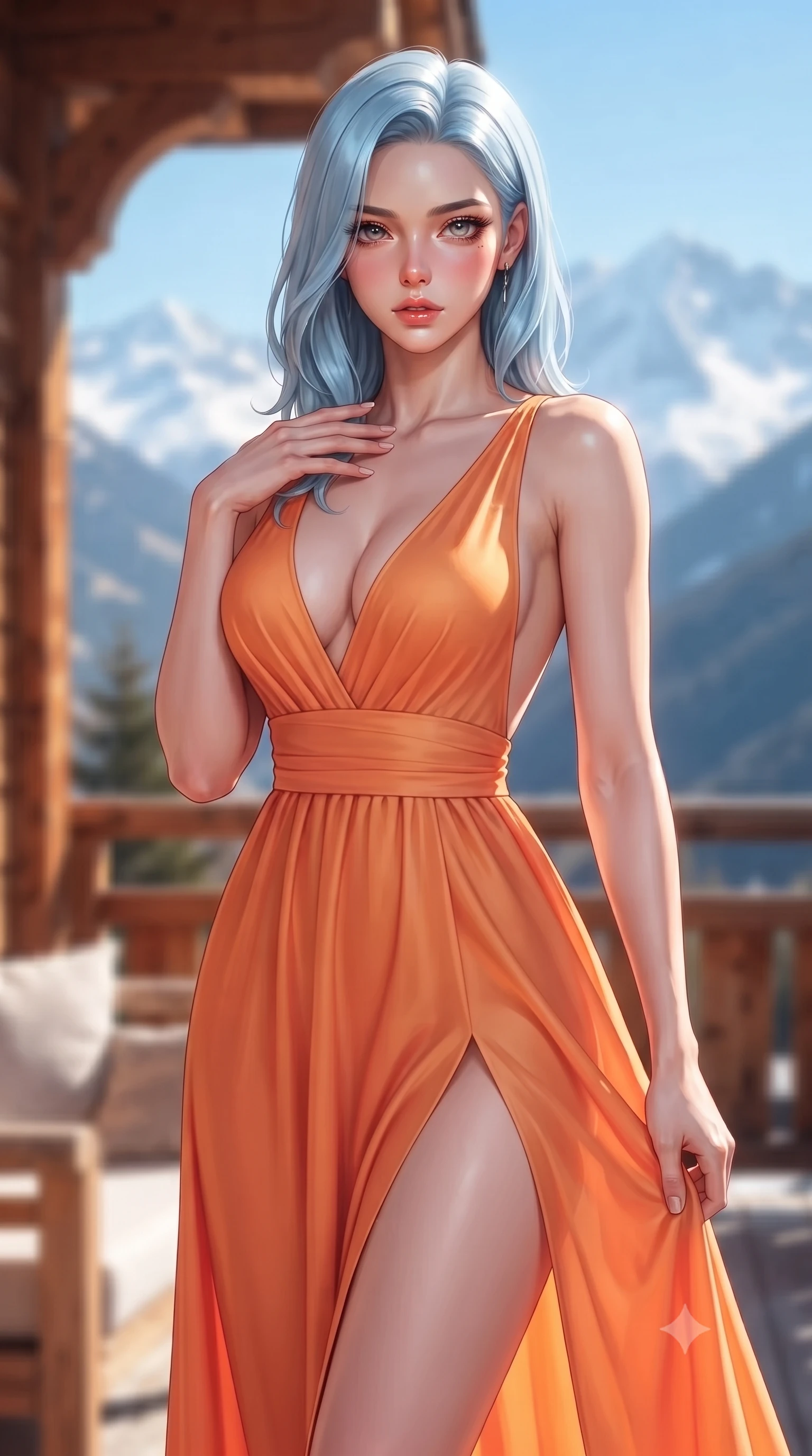 score_9, masterpiece, best quality, ultra-detailed, high-budget anime keyframe, editorial fashion photography, tasteful artistic composition, Korean woman woman. close-up cowboy shot from the waist and thighs up, the character dominates the composition, filling the frame with her large presence, background elements kept in soft focus. standing with one hand resting on her collarbone, looking at the viewer with bedroom-eyes the background shows a soft-focus a wooden veranda of a luxury chalet facing majestic snow-capped peaks. She has an exceptionally elegant, slender, and willowy female figure with an ultra-slim waist, a gracefully sculpted slender torso, and a refined silhouette. sharp v-shaped jawline, high-bridge nose, intricate jewel-like eyes with depth, thick eyelashes, glossy lips with a natural sheen. wearing a body-hugging high-slit resort gown in sunset orange chiffon, featuring a daring thigh-slit and open back. bright morning alpine sun highlighting the white snow and green pine trees. ultra-reflective glossy finish, specular highlights, metallic sheen, high-contrast stereoscopic depth, volumetric dynamic lighting, 2k, ultra detail, master piece, 9:16 ratio