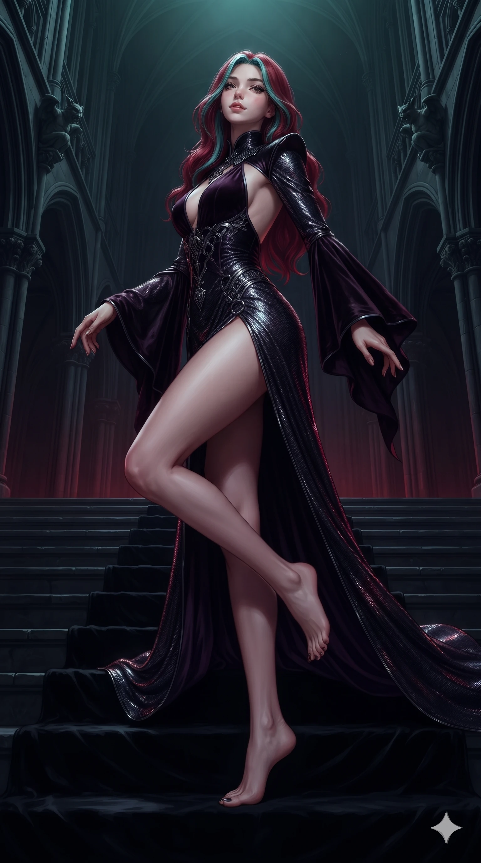 score_9, masterpiece, best quality, ultra-detailed, high-budget anime keyframe, editorial fashion photography, tasteful artistic composition, Caucasian woman. low angle full-body shot from head to toe showing her feet, filling the entire 9:16 vertical frame with her statuesque presence, stretching her vertical silhouette. sitting poised on the dark stone steps with one knee bent, arching her spine with supermodel elegance as she glances upward through thick eyelashes while stepping slowly down the black velvet throne steps with sovereign grace, hips swaying in an alluring rhythm that commands the chamber. The surrounding environment is rendered in vivid detail and crisp panoramic clarity: detailed gothic high-collar silk evening gown tailoring, bell sleeve flare, and opulent occult regalia in razor-sharp clarity. She has an absolutely perfect, statuesque 8.5-heads proportion, an exceptionally tall and slender model-like female figure with impossibly long slender legs, an ultra-slim waist, a flat toned midriff, narrow delicate ribcage, and beautifully sculpted feminine hips creating a graceful, slim hourglass silhouette without any bulky heaviness. sharp v-shaped jawline, high-bridge nose, intricate jewel-like dark sparkling eyes with hypnotic seductive depth, thick curled eyelashes, glossy parted lips with a natural wine sheen, alluring bedroom-eyes with an enigmatic smoldering smile, exuding magnetic sovereign charisma and dark avant-garde glamour, flawlessly proportioned anatomical accuracy, strict slender model proportions, natural body alignment, perfectly sculpted long slender limbs, ultra-slim waistline, clean dynamic posture without body distortion. wearing a provocative backless liquid lamé slip dress with plunging neckline and hip-high thigh slit in obsidian black and dark plum violet, crafted from stretch micro-mesh with metallic foil coating that shimmers in the laser light, trimmed with dark chrome ring hardware along the waist contours, the high-slit wrap tailoring accentuating her ultra-slim waistline and the enchanting curve of her feminine hips with alluring seductive charm. illuminated by velvet dais floor bounce and sharp emerald-platinum rim lights sculpting her razor-sharp jawline, narrow waist, and curvy hips. ultra-reflective glossy finish, specular highlights, metallic sheen, high-contrast stereoscopic depth, volumetric dynamic lighting, 2k, ultra detail, master piece, 9:16 ratio