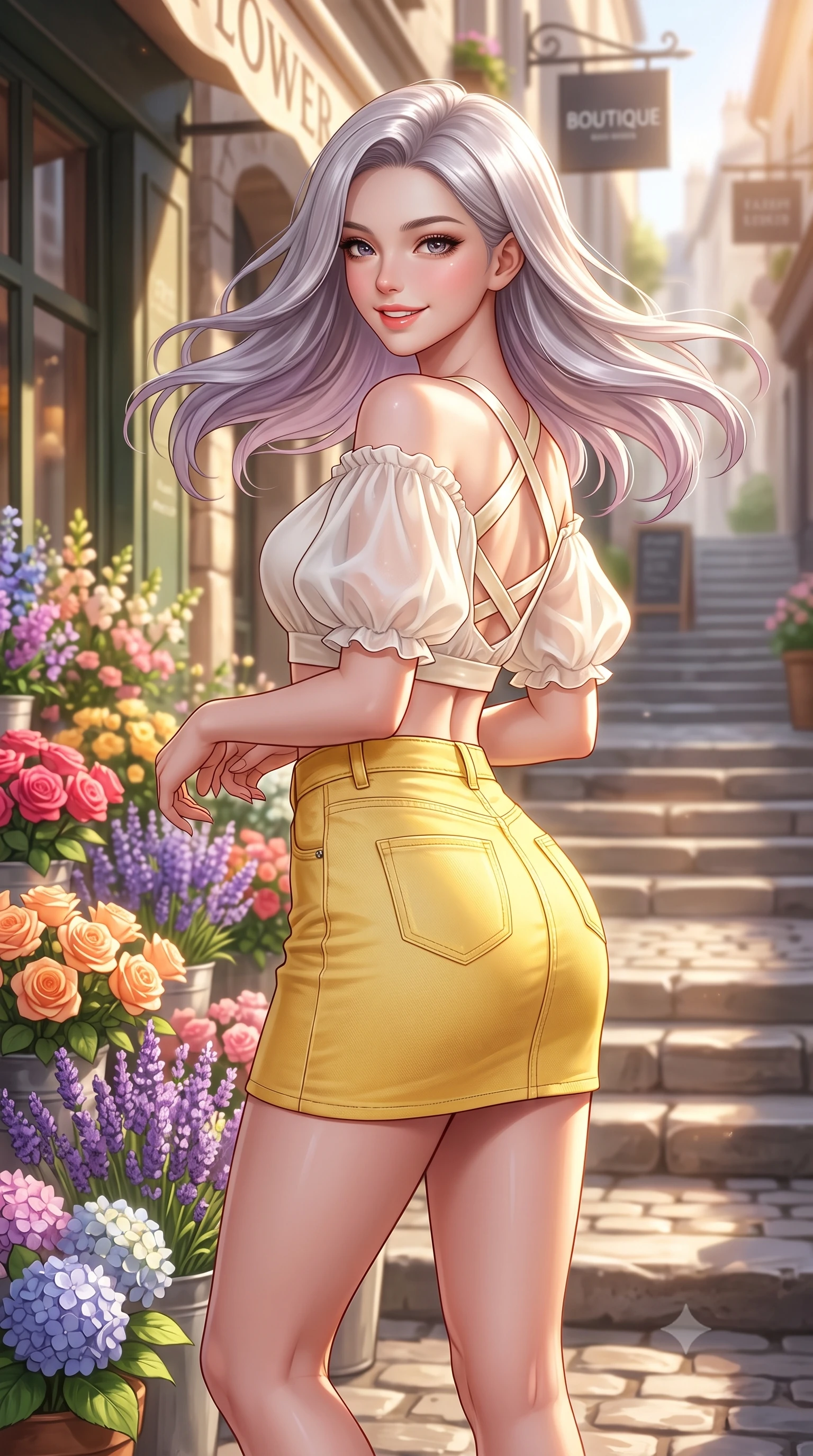 score_9, masterpiece, best quality, ultra-detailed, high-budget anime keyframe, semi-realistic 3D game render, editorial fashion photography, tasteful artistic composition, Caucasian woman. close-up cowboy shot from the waist and thighs up, the character dominates the composition, filling the frame with her large presence. turning playfully with a bright confident smile, her glossy hair tossing in the breeze as her hips angle gracefully in a captivating contrapposto while pausing beside an outdoor Parisian-style flower stall on the sloping cobblestone alley, arching her back with a bright, charming smile. The composition keeps background elements in soft focus with dreamy creamy bokeh. sun-dappled stone steps and modern boutique signage softened in stylish urban shallow focus. She has an exceptionally elegant, slender, and willowy female figure with an ultra-slim waist, flat toned midriff, narrow ribcage, and sculpted feminine hips creating an alluring, slim hourglass silhouette without bulk. sharp v-shaped jawline, high-bridge nose, intricate jewel-like sparkling eyes with depth, thick eyelashes, glossy parted lips with a natural peach sheen, bright cheerful beaming smile with an enchanting and coquettish sensual glint, exuding both youthful cute charm and seductive allure, flawlessly proportioned anatomical accuracy, strict slender model proportions, natural body alignment, perfectly sculpted long slender limbs, ultra-slim waistline, clean dynamic posture without body distortion. wearing an off-shoulder puff-sleeve crop blouse with a tight high-waisted denim A-line mini skirt emphasizing her curvy hips in bright butter yellow and fresh cream white, woven from layered gossamer organza with weightless flutter, finished with criss-cross back satin straps highlighting her graceful shoulder blades, the liquid-tight tailored fabric clinging flawlessly to her narrow waist and rounded feminine hips, emphasizing every millimeter of her sculpted slim hourglass curves without any bulky heaviness. bathed in glorious golden hour afternoon sunlight reflecting off warm stone facades. highly saturated vibrant anime colors, detailed shading with soft gradients, rich glossy textures, high-contrast stereoscopic depth, volumetric dynamic lighting, master piece, 9:16 ratio