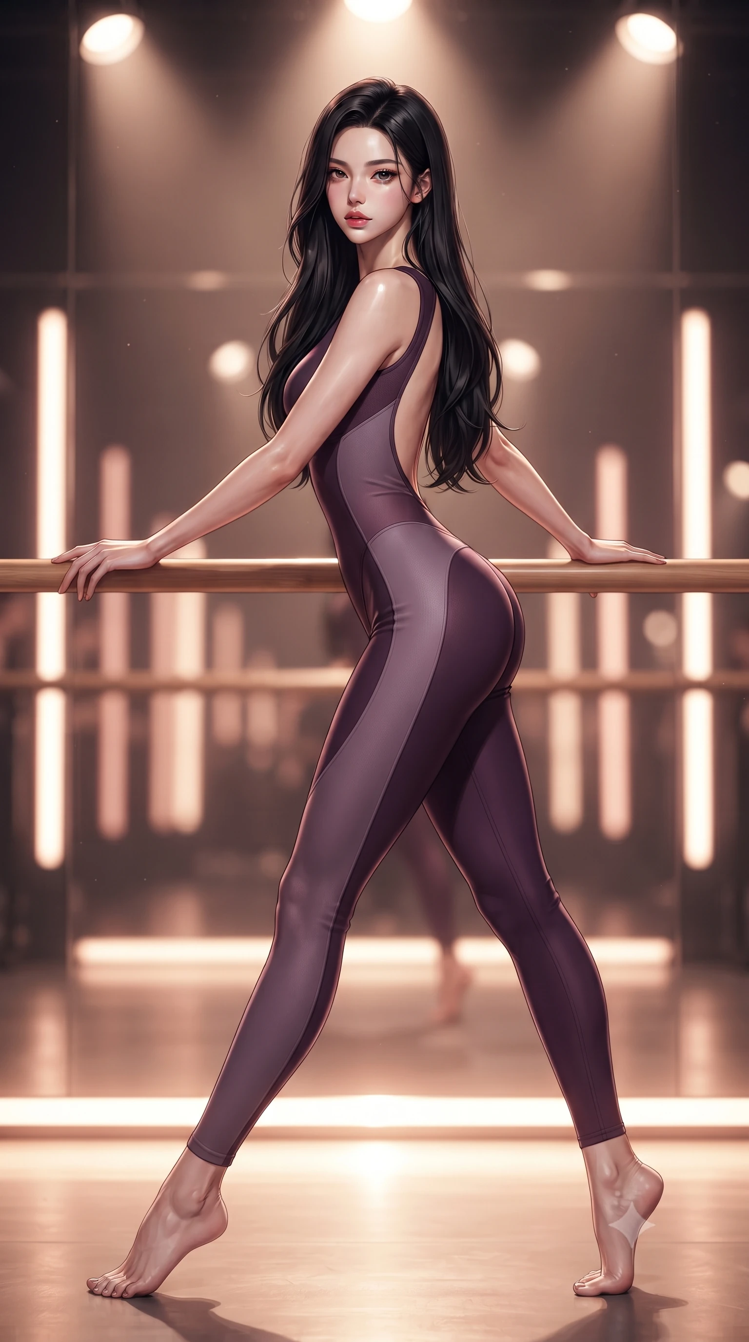score_9, masterpiece, best quality, ultra-detailed, high-budget anime keyframe, editorial fashion photography, tasteful artistic composition, Korean woman. low angle full-body shot from head to toe showing her feet, filling the entire 9:16 vertical frame with her statuesque presence, stretching her vertical silhouette. striding forward in a proud supermodel runway stride, hips swaying in an alluring kinetic rhythm that accentuates her curvy hourglass silhouette while resting both hands on a polished wooden ballet barre while arching her lower back in a deep cambré stretch, highlighting her sculpted glutes and slender waist. The composition keeps background elements in soft focus with creamy bokeh. infinite studio mirror reflections and warm vertical light tubes blurred into glowing amber, rose-gold, and ivory bokeh. She has an absolutely perfect, statuesque 8.5-heads proportion, an exceptionally tall and slender model-like female figure with impossibly long slender legs, a toned flat midriff, an ultra-slim waist, and beautifully sculpted feminine hips. sharp v-shaped jawline, high-bridge nose, intricate jewel-like eyes with depth, thick eyelashes, glossy parted lips with a natural sheen, intensely captivating and seductive bedroom-eyes expression, flawlessly proportioned anatomical accuracy, strict slender model proportions, natural body alignment, perfectly sculpted long slender limbs, ultra-slim waistline, clean dynamic posture without body distortion. wearing an aerodynamic compression bodysuit featuring a wide open back and reinforced hip contour seams in deep plum violet and dusky lavender, made of seamless compression knit with anatomical body-contouring support, finished with a thin elastic waist band emphasizing her ultra-slim midriff, the precision-cut side openings and low-back scoop framing her graceful spine and the sensual sweep of her hips. bathed in warm floor-level uplighting and dramatic overhead theatrical spotlights. ultra-reflective glossy finish, specular highlights, rich textural contrasts, high-contrast stereoscopic depth, volumetric dynamic lighting, 2k, ultra detail, master piece, 9:16 ratio