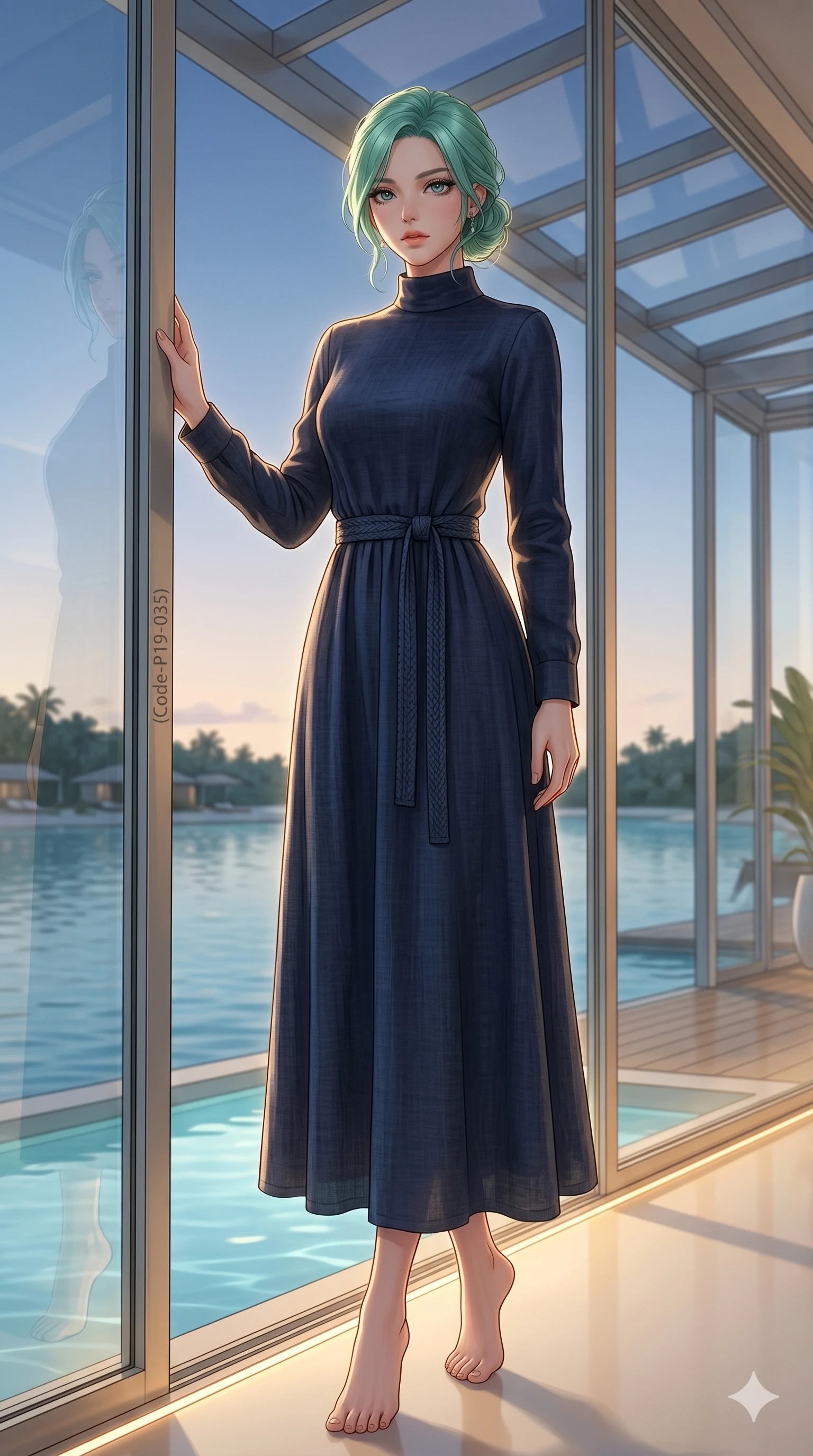 score_9, masterpiece, best quality, ultra-detailed, high-budget anime keyframe, editorial fashion photography, tasteful artistic composition, Japanese woman. low angle full-body shot from head to toe showing her feet, filling the entire 9:16 vertical frame with her statuesque presence, stretching her vertical silhouette. resting one hand on the beach house window, looking toward the camera with a slow, hypnotic gaze inside a sun-drenched glass pavilion overlooking a calm resort lagoon (Code-P19-035). She has an absolutely perfect 8-heads proportion, an exceptionally tall and slender female figure with impossibly long slender legs and an ultra-slim waist. V-shaped jawline, high-bridge nose, intricate jewel-like eyes with depth, thick eyelashes, glossy lips with a natural sheen. wearing a high-neck long-sleeved maxi dress in a dark navy linen fabric with a woven belt. lit from below by warm pool under-lights, tracing the contours of her body in the twilight. 2k, ultra detail, master piece, 9:16 ratio